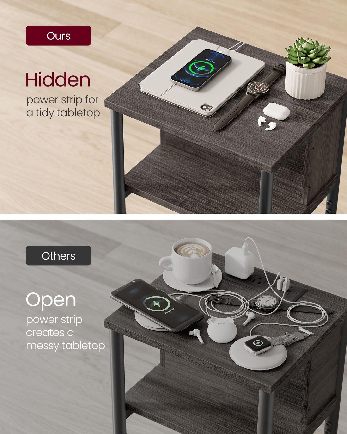 3-Tier End Table with Charging Station Chestnut Brown and Black FredCo