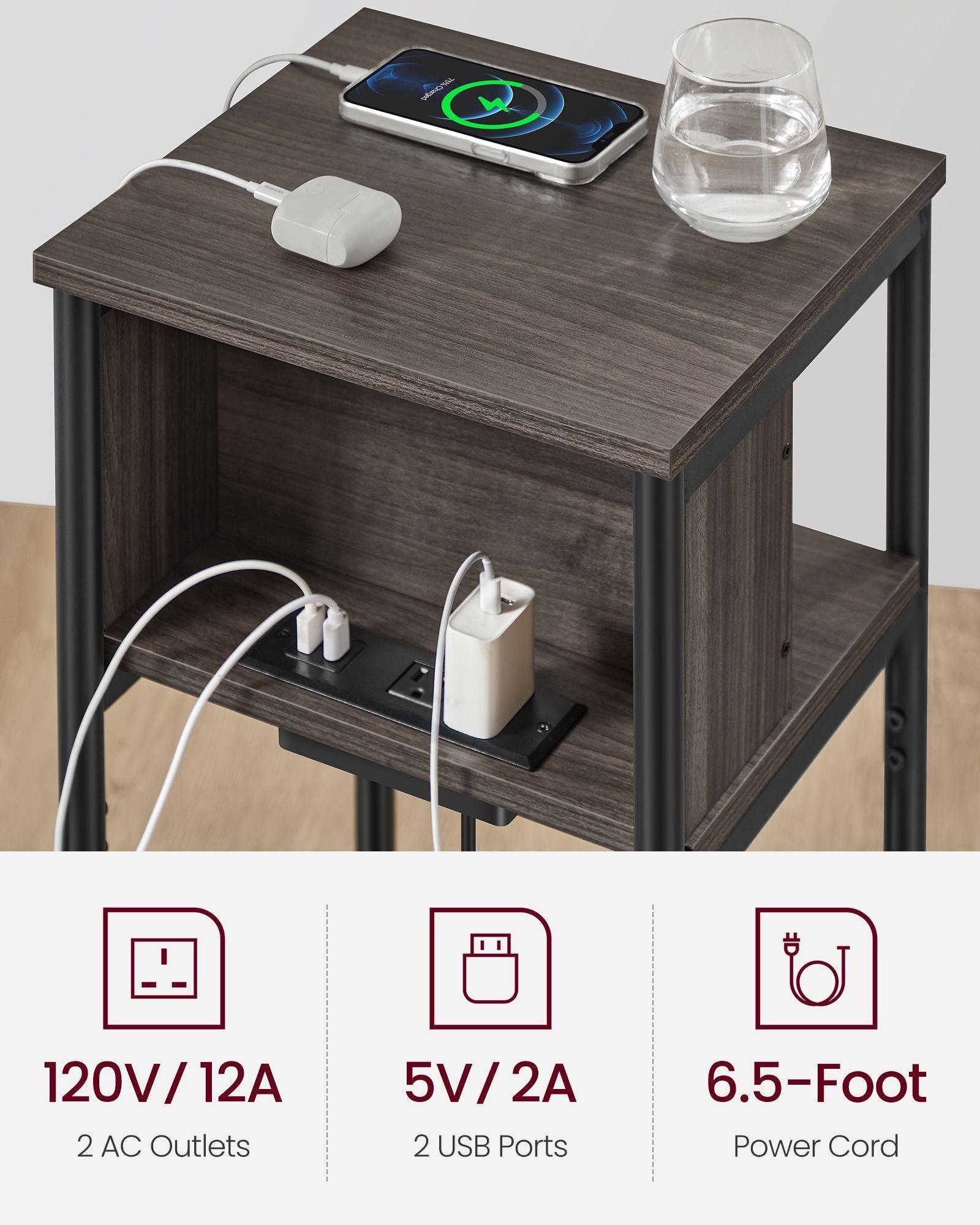 3-Tier End Table with Charging Station Chestnut Brown and Black FredCo