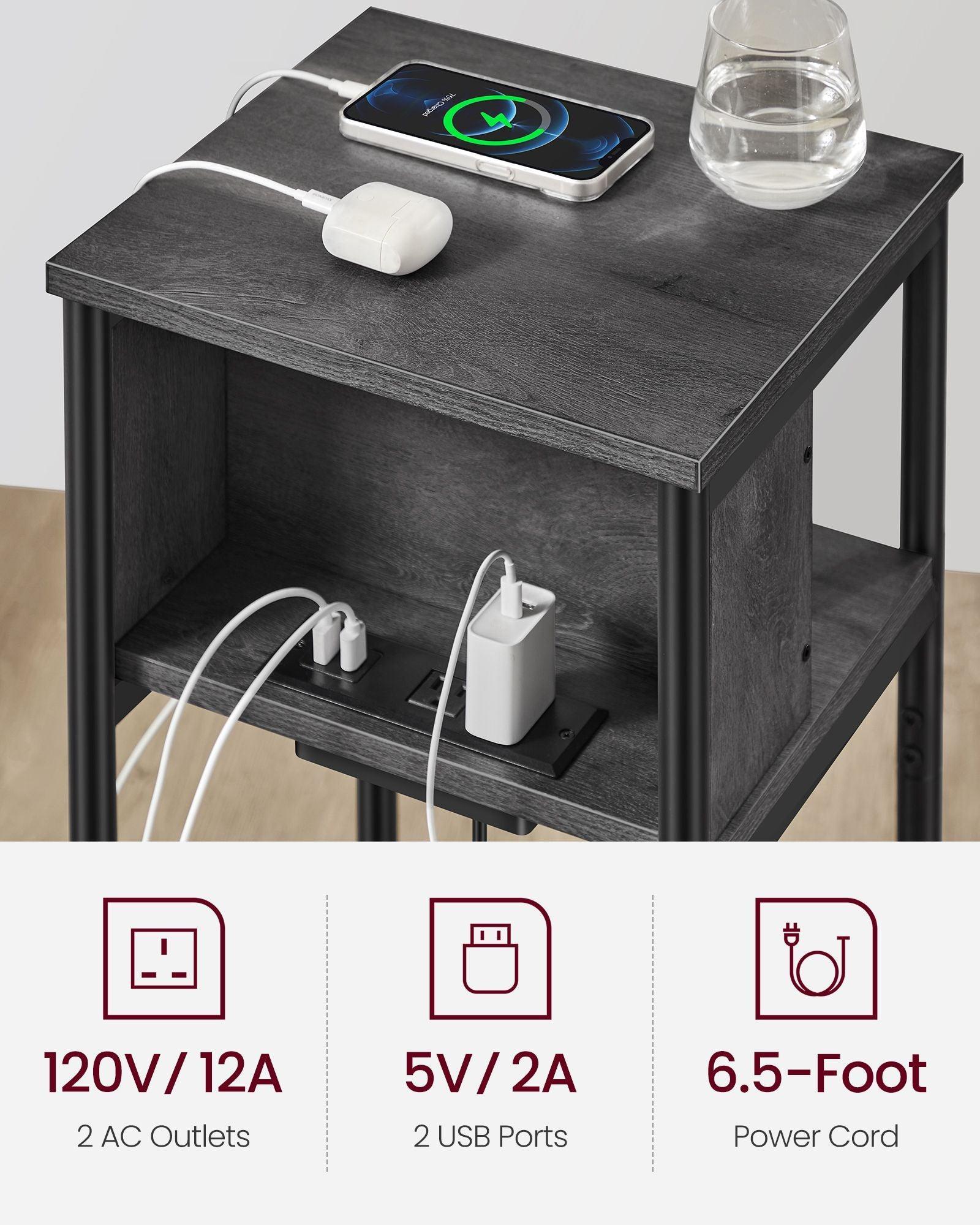 3-Tier End Table with Charging Station Misty Gray and Black FredCo