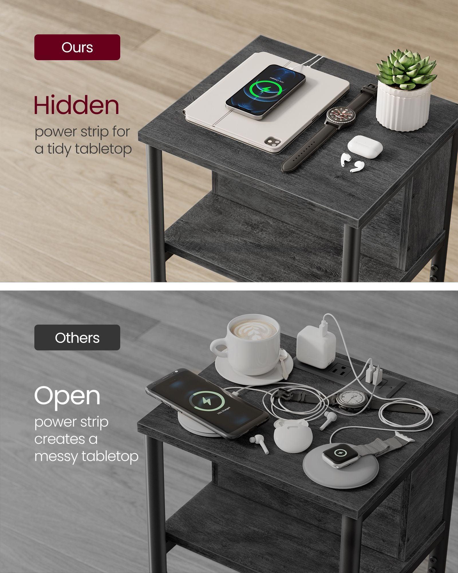 3-Tier End Table with Charging Station Misty Gray and Black FredCo