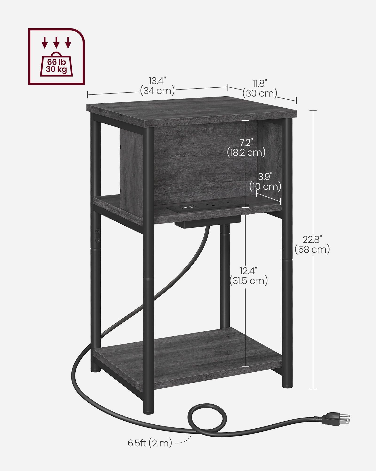 3-Tier End Table with Charging Station Misty Gray and Black FredCo