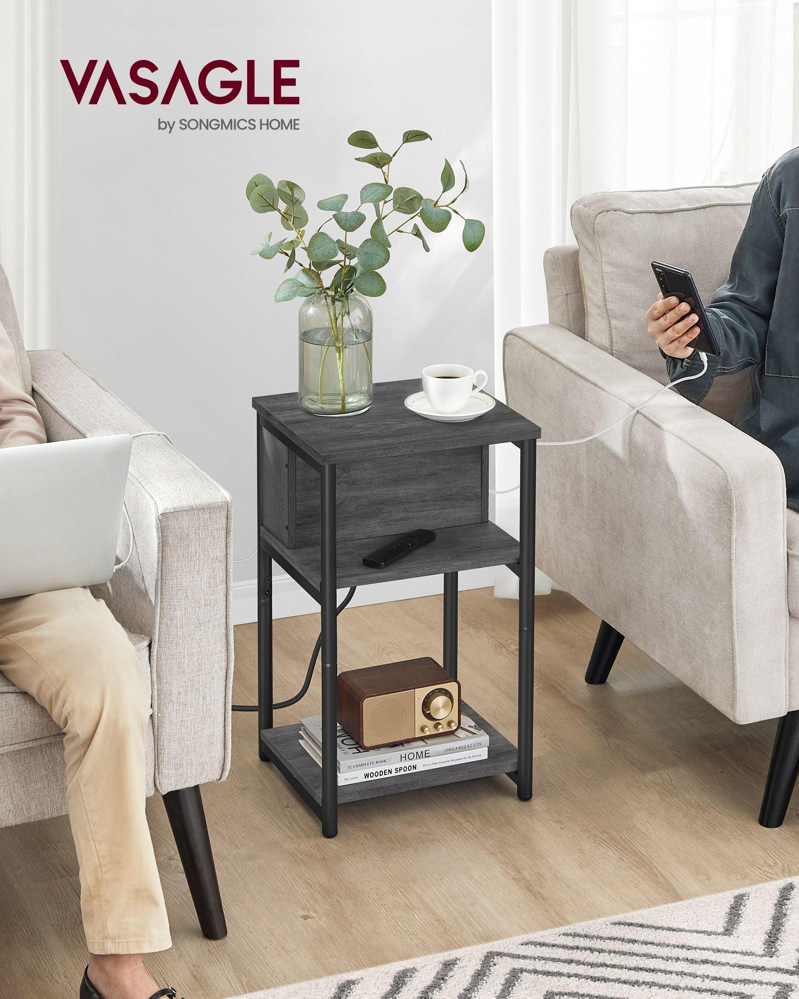 3-Tier End Table with Charging Station Misty Gray and Black FredCo