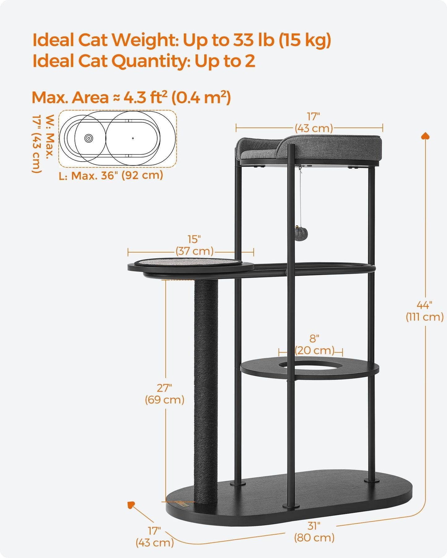 31"L x 17"W x 44"H Modern Cat Tree Classic Black FredCo