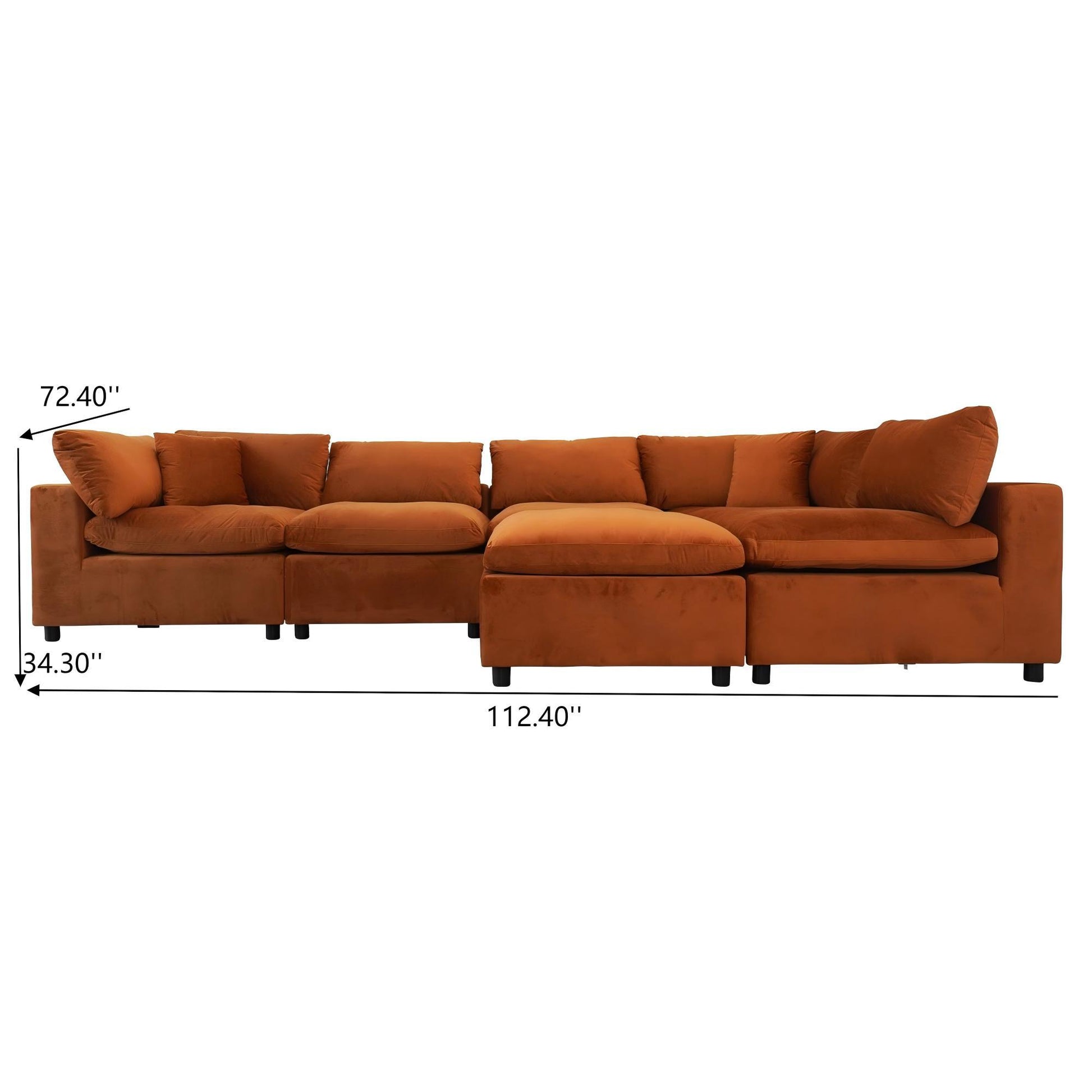 Modern orange sectional sofa with plush cushions, shown with dimensions, FredCo International furniture