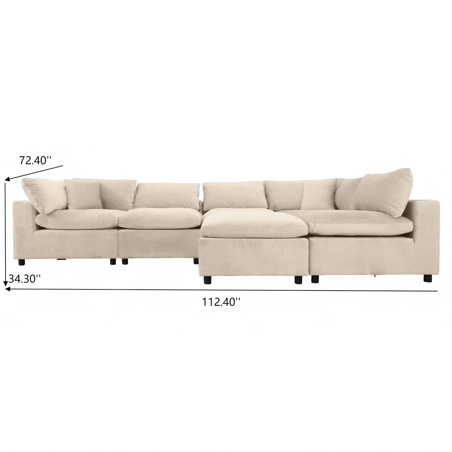 Beige sectional sofa with plush cushions, shown with dimensions, FredCo International furniture