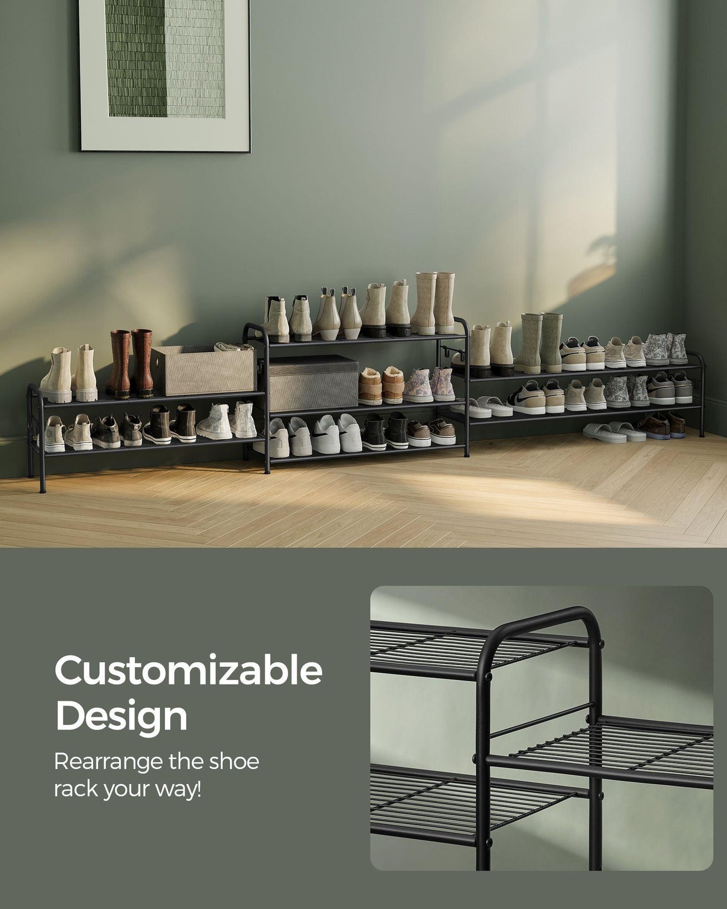 33.5" Wide 2-Tier Metal Shoe Rack with 4 Hooks Ink Black FredCo