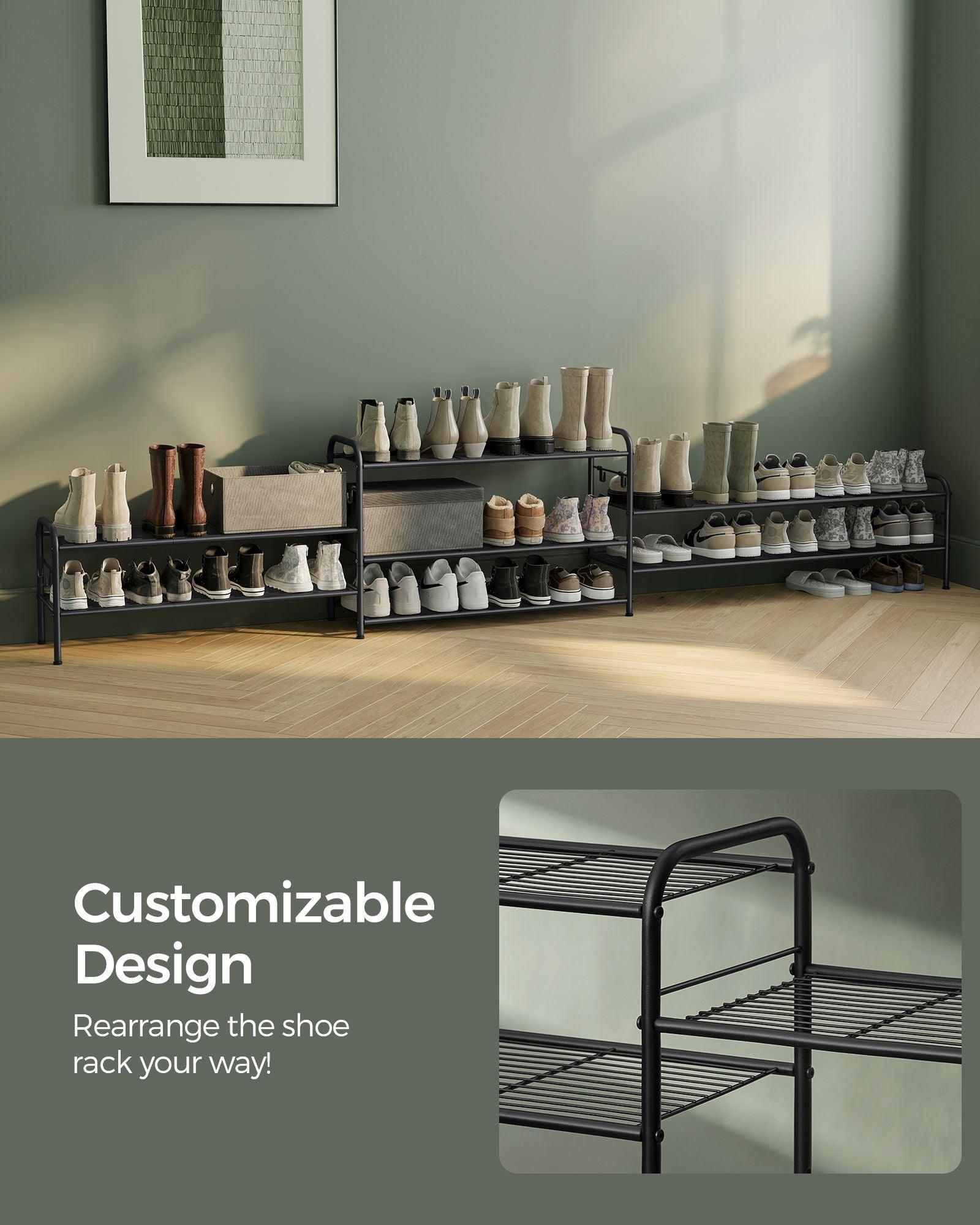 33.5" Wide 2-Tier Metal Shoe Rack with 4 Hooks Ink Black FredCo
