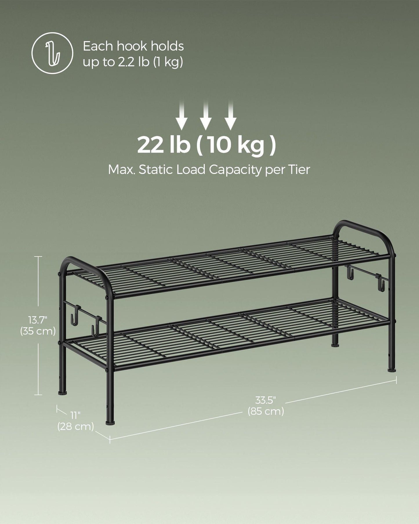 33.5" Wide 2-Tier Metal Shoe Rack with 4 Hooks Ink Black FredCo