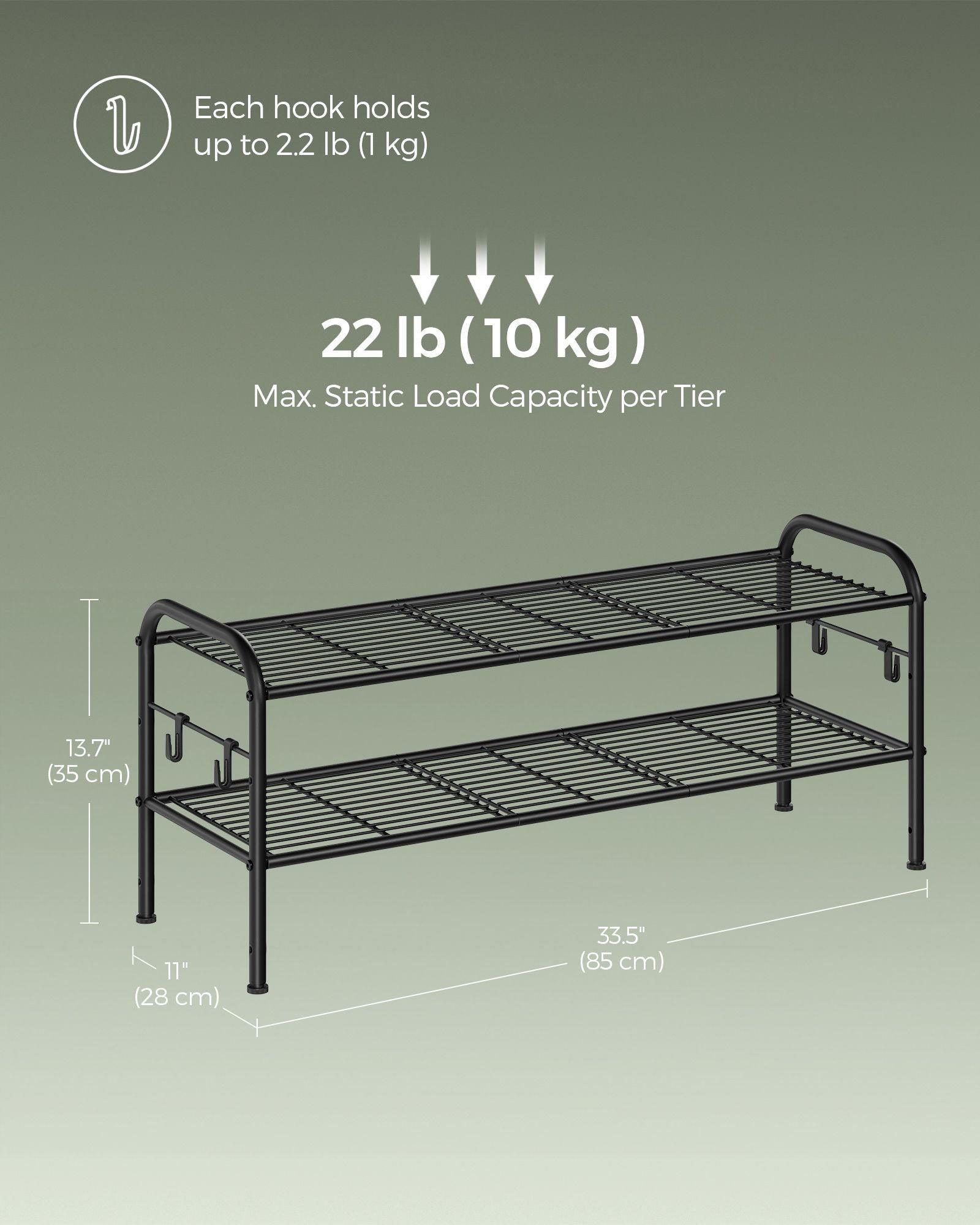 33.5" Wide 2-Tier Metal Shoe Rack with 4 Hooks Ink Black FredCo
