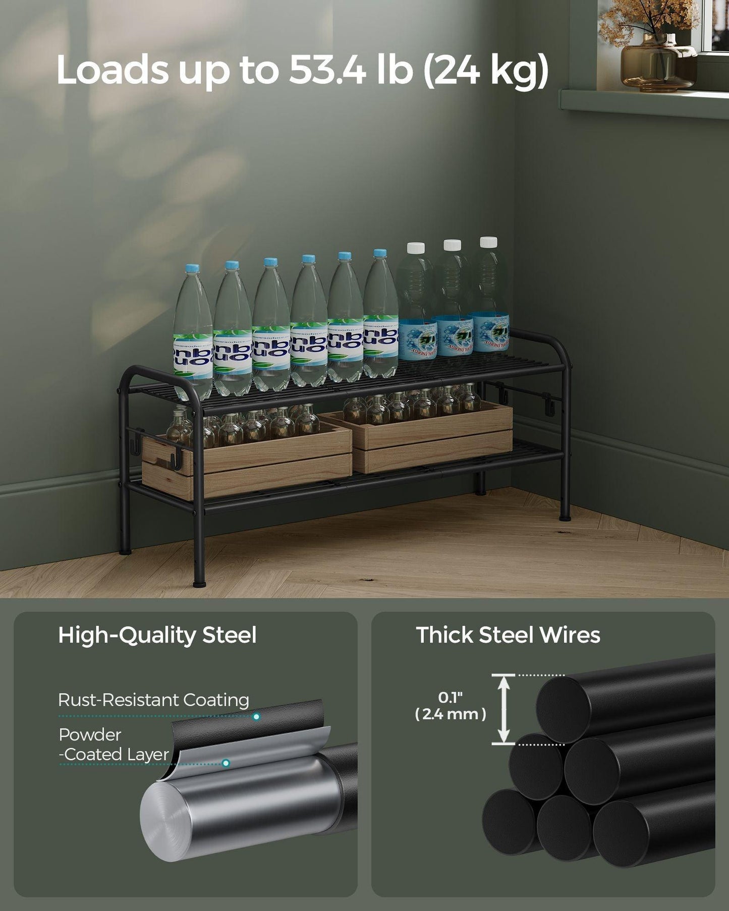 33.5" Wide 2-Tier Metal Shoe Rack with 4 Hooks Ink Black FredCo