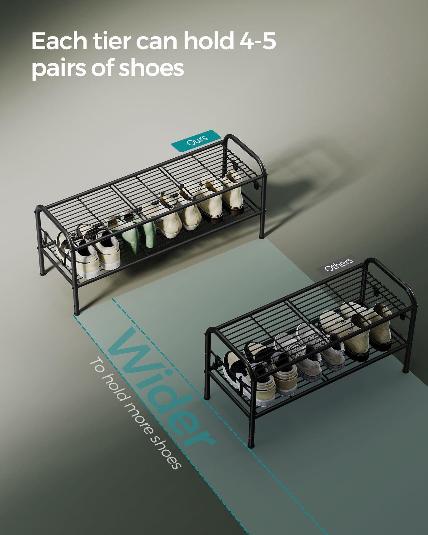 33.5" Wide 2-Tier Metal Shoe Rack with 4 Hooks Ink Black FredCo