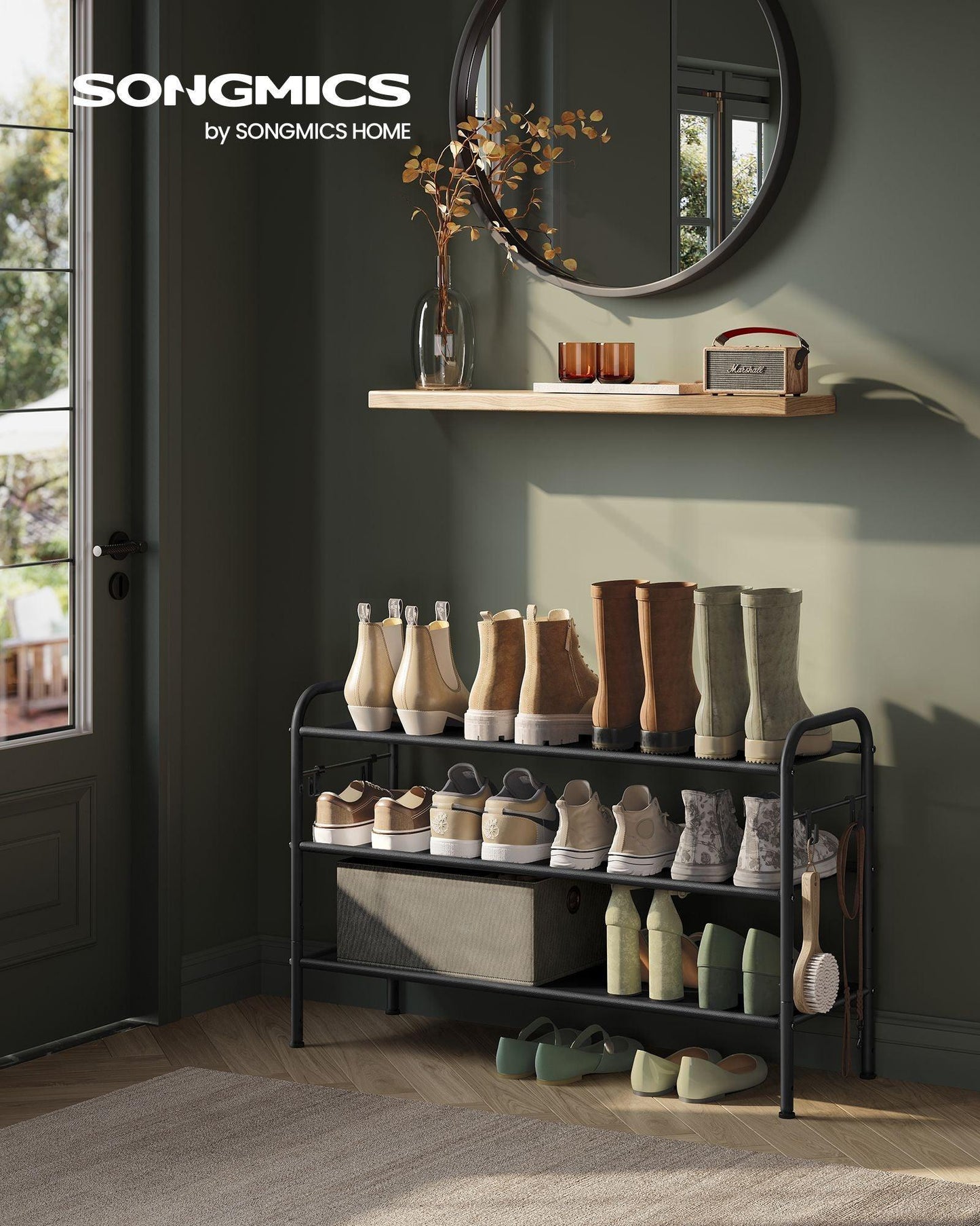 33.5" Wide 3-Tier Fabric Shoe Rack with 4 Hooks Ink Black FredCo