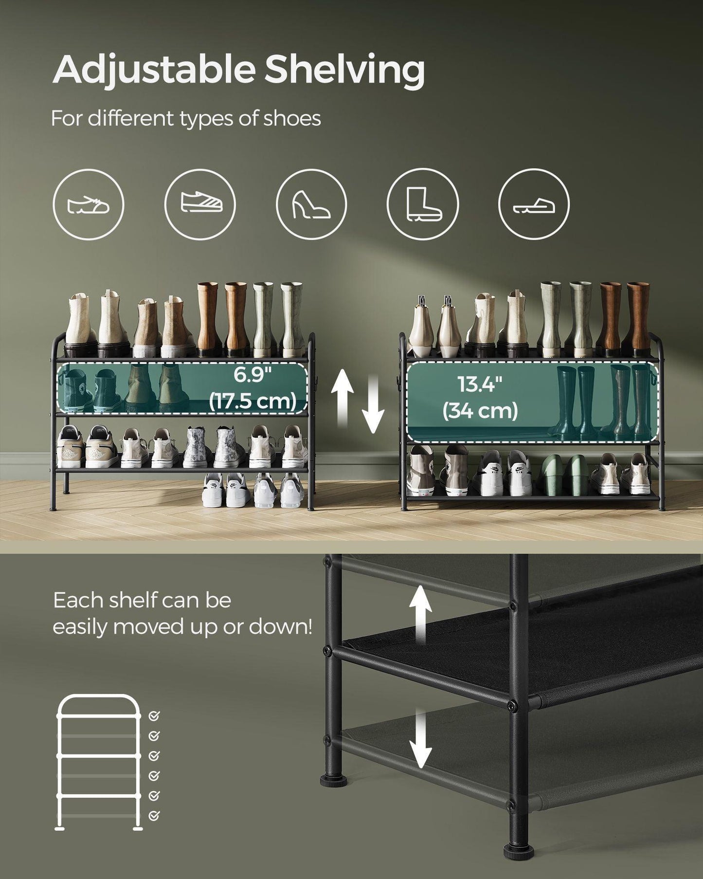33.5" Wide 3-Tier Fabric Shoe Rack with 4 Hooks Ink Black FredCo