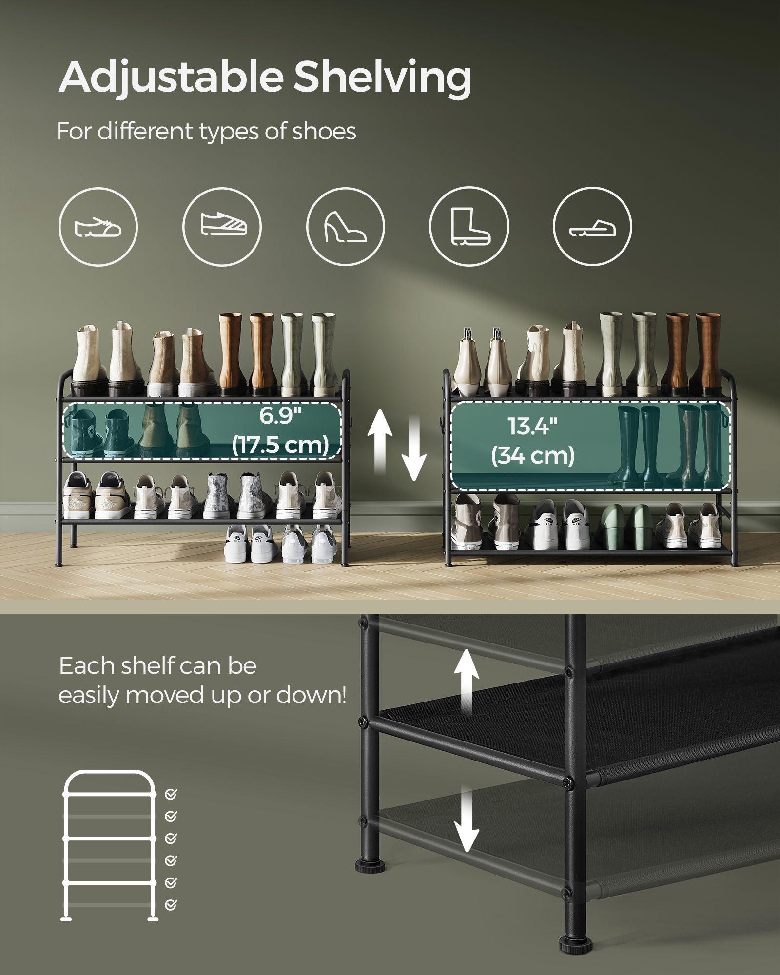 33.5" Wide 3-Tier Fabric Shoe Rack with 4 Hooks Ink Black FredCo