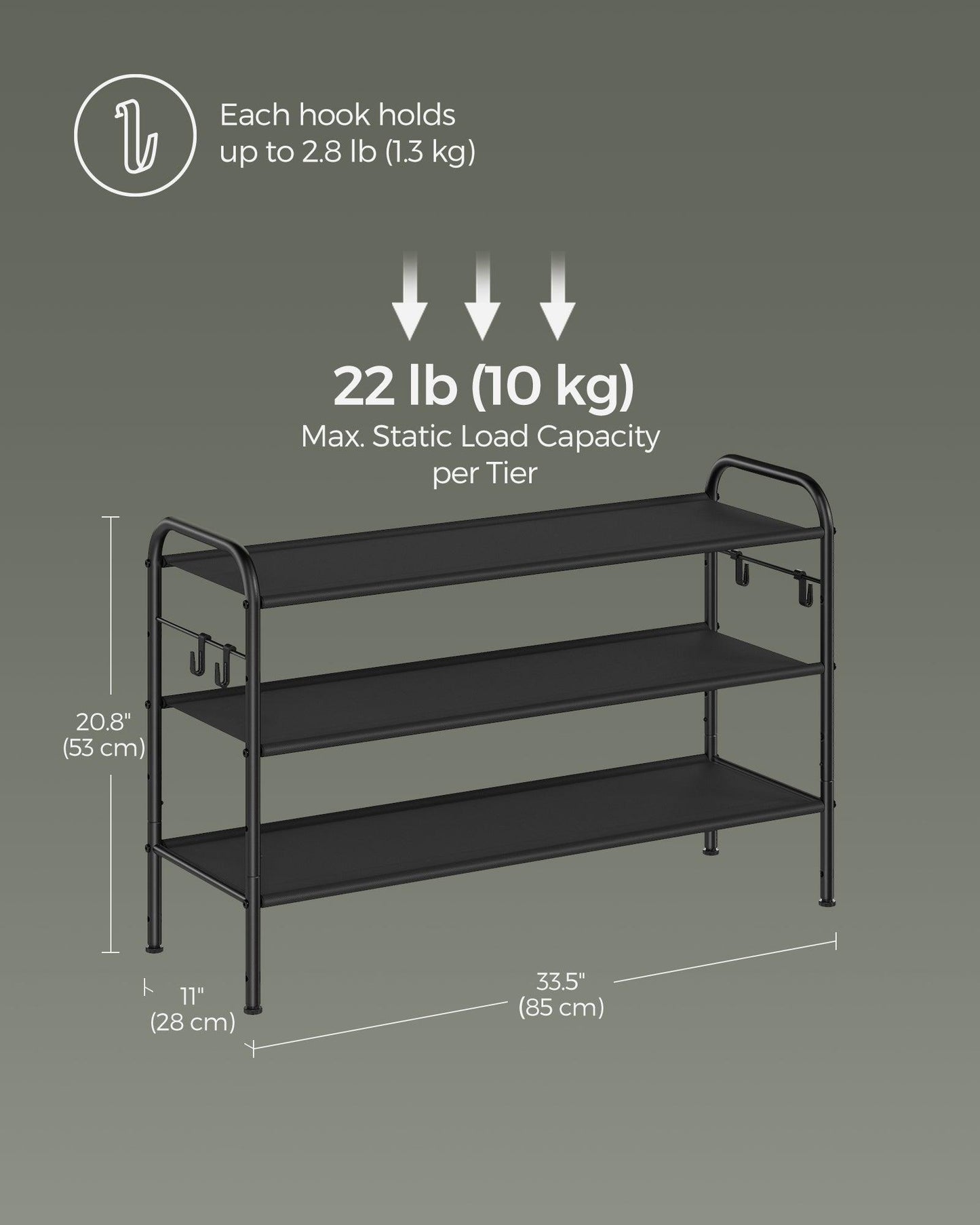 33.5" Wide 3-Tier Fabric Shoe Rack with 4 Hooks Ink Black FredCo