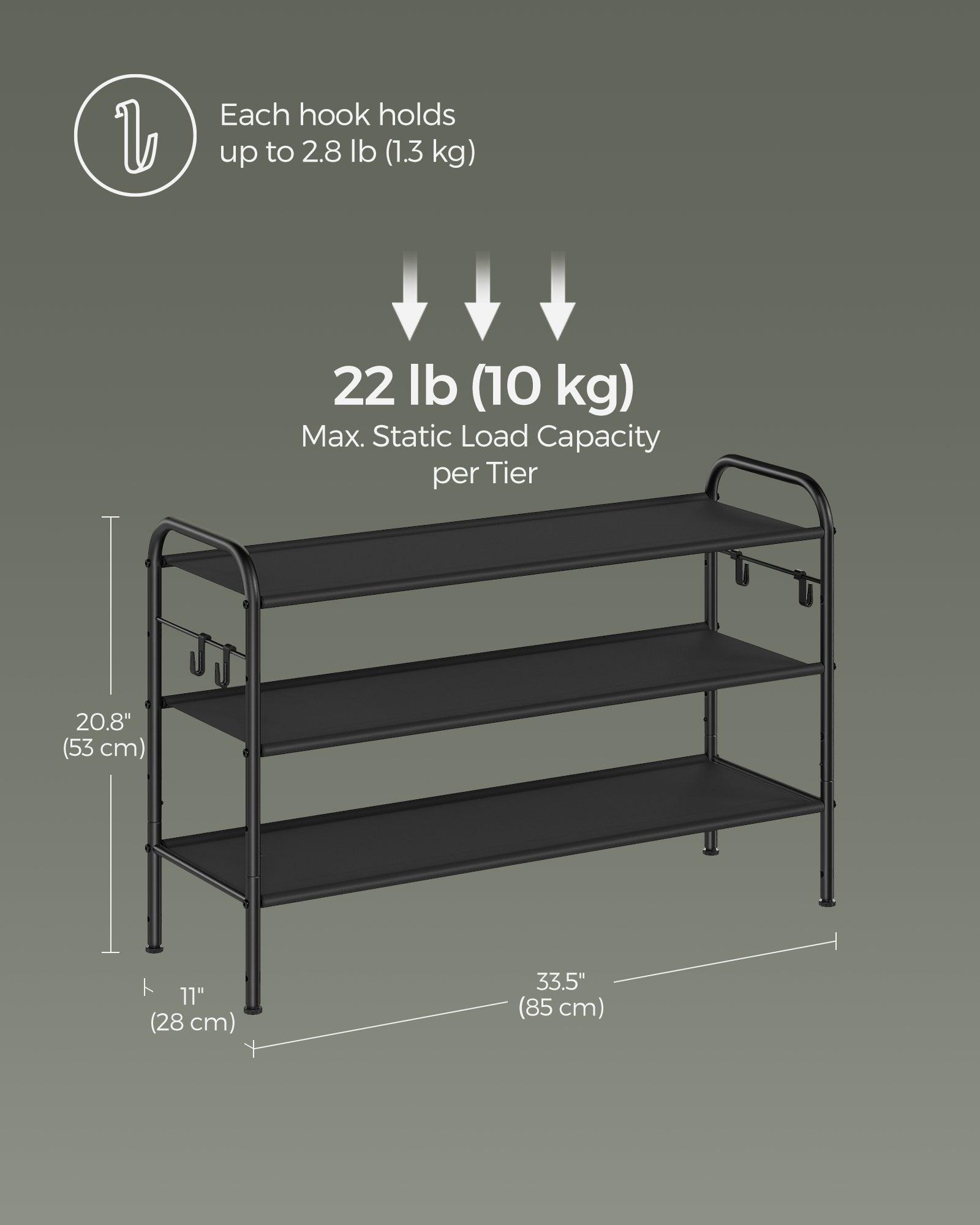 33.5" Wide 3-Tier Fabric Shoe Rack with 4 Hooks Ink Black FredCo