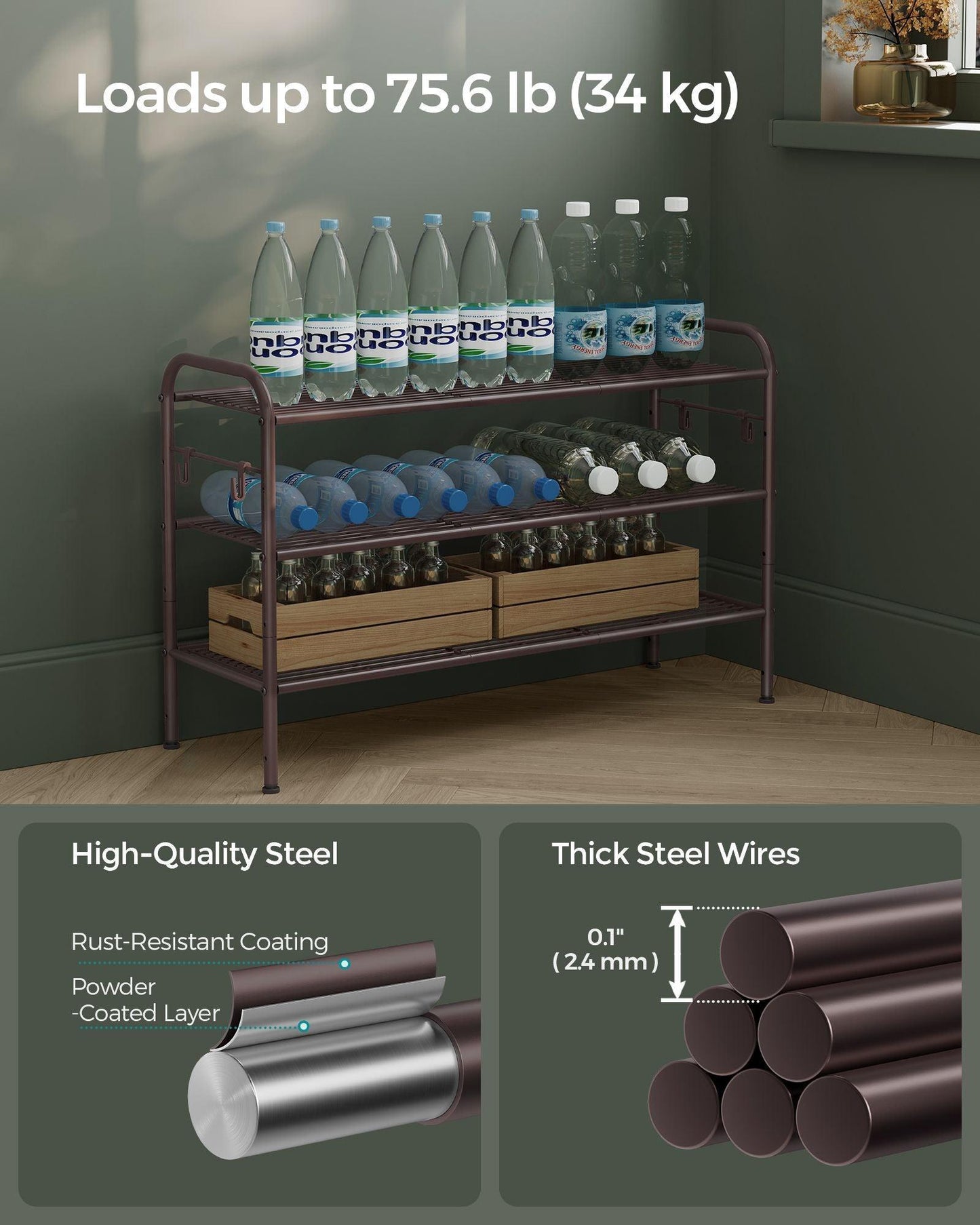 33.5" Wide 3-Tier Metal Shoe Rack Chestnut Brown FredCo