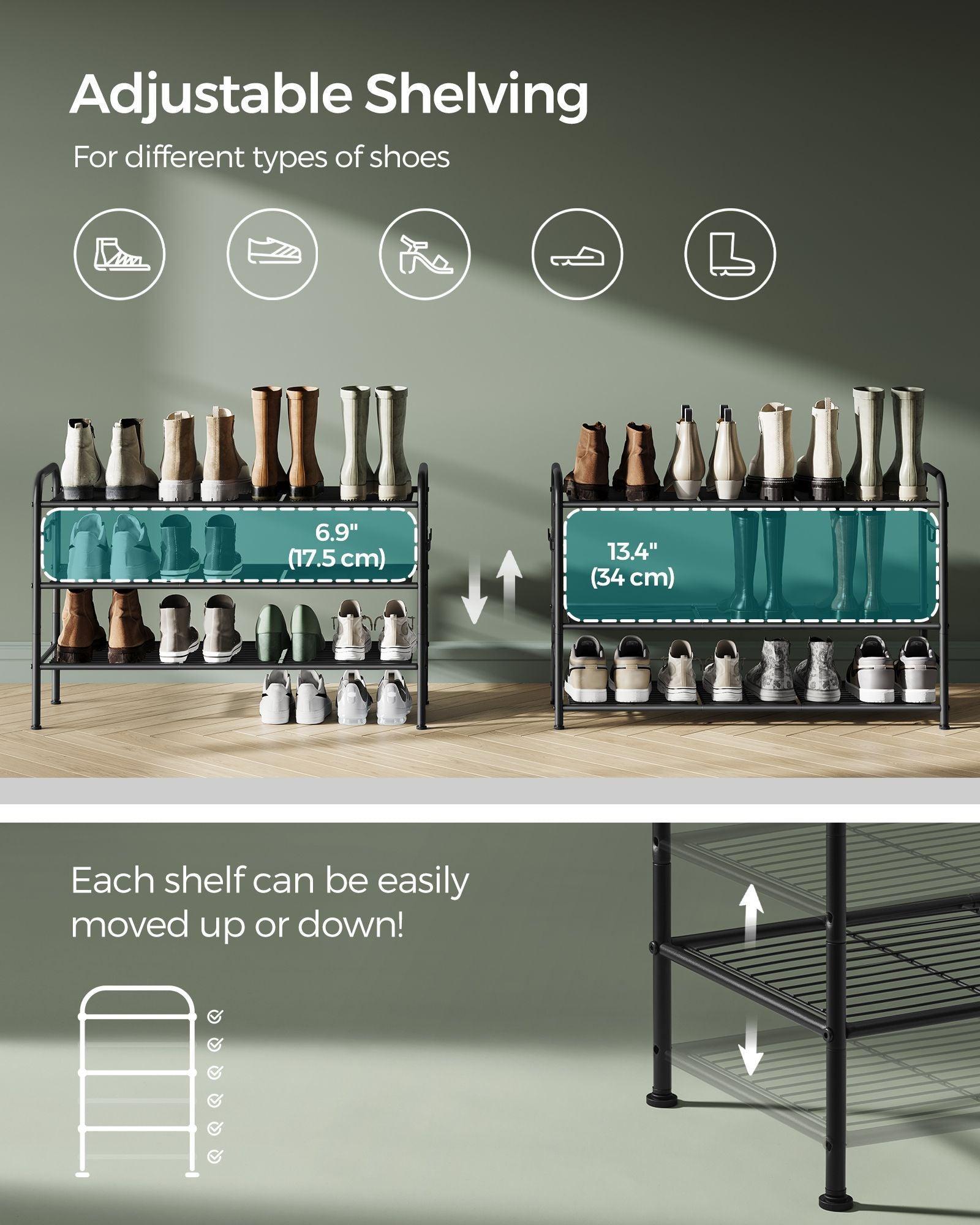 33.5" Wide 3-Tier Metal Shoe Rack with 4 Hooks Ink Black FredCo