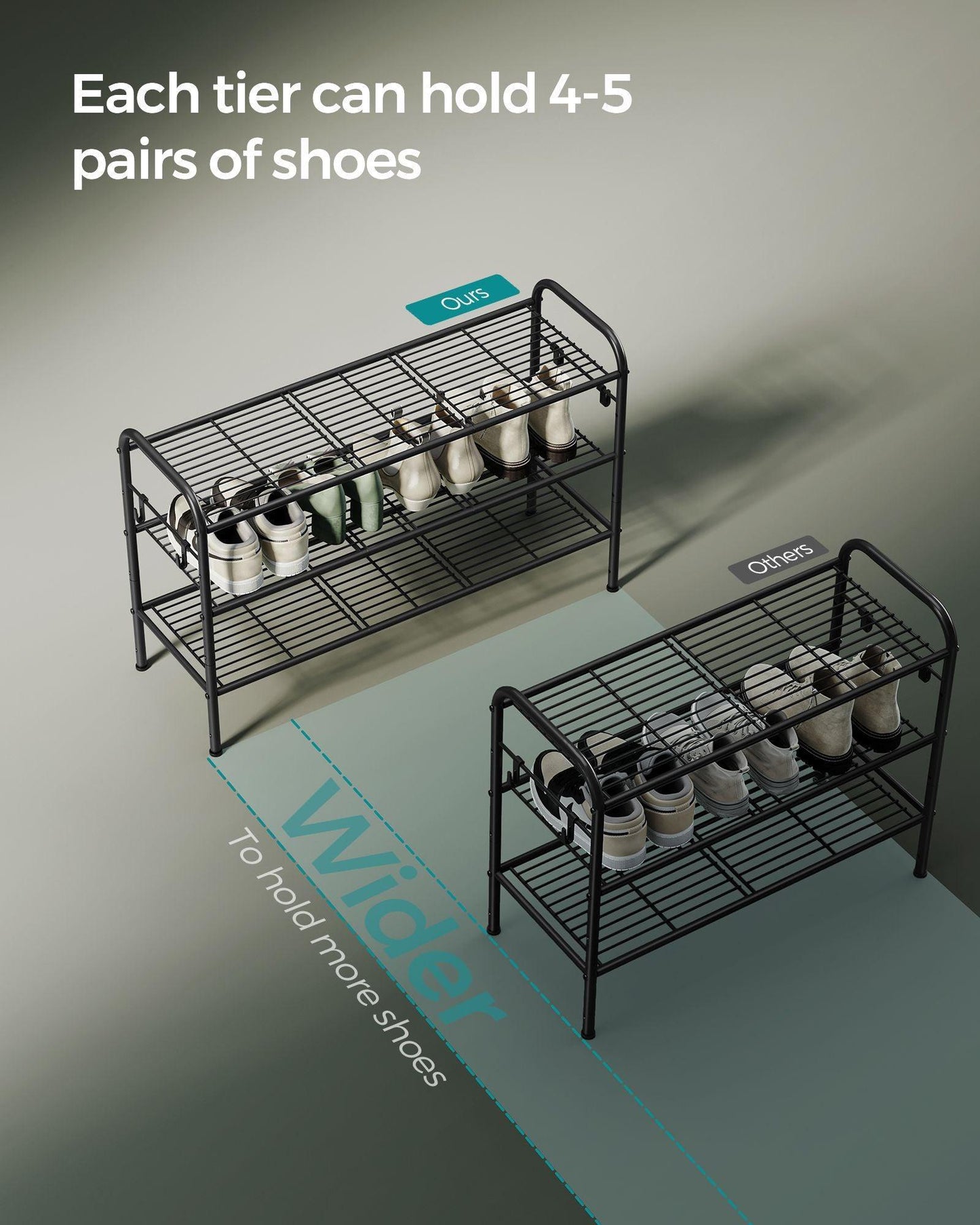33.5" Wide 3-Tier Metal Shoe Rack with 4 Hooks Ink Black FredCo