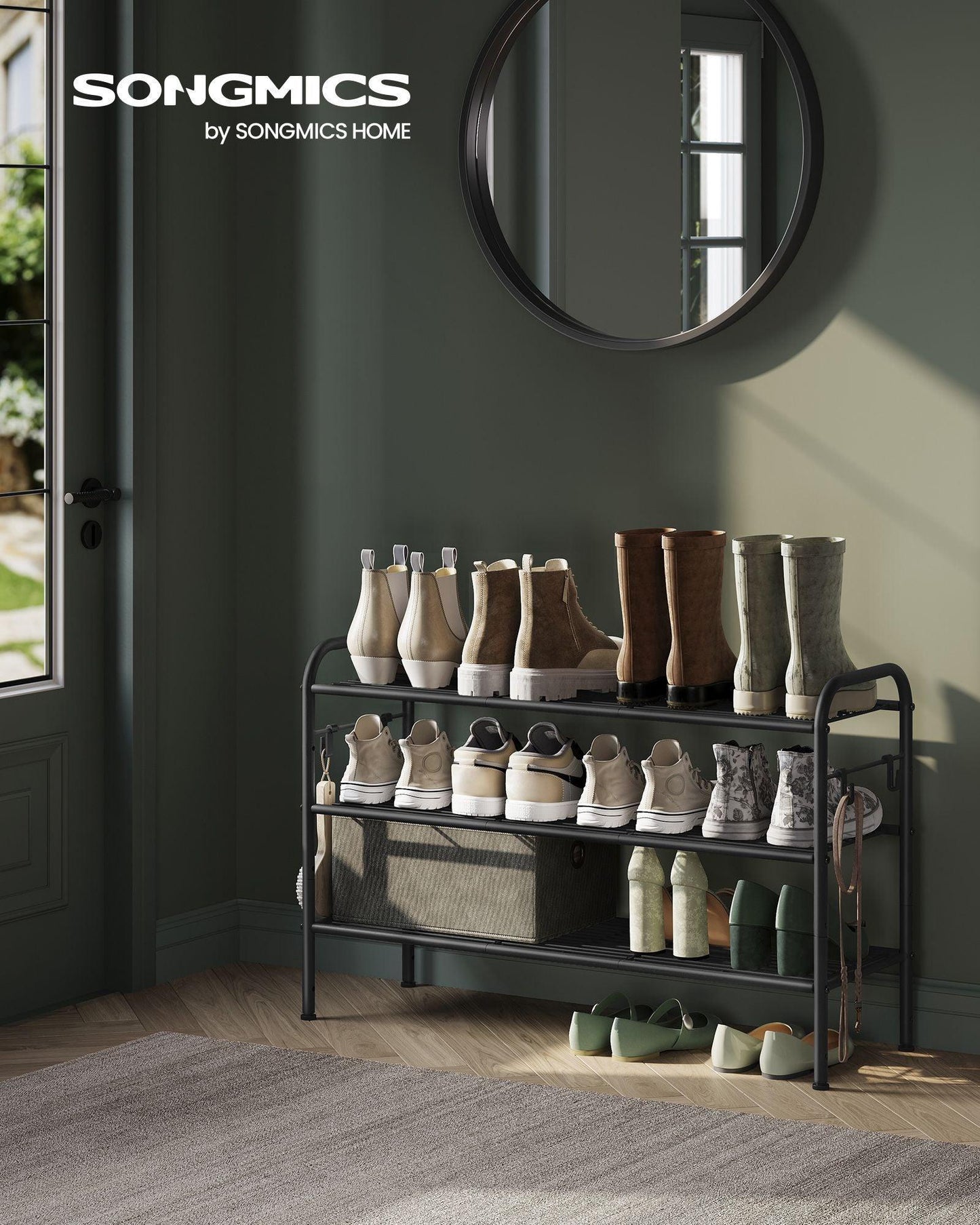 33.5" Wide 3-Tier Metal Shoe Rack with 4 Hooks Ink Black FredCo