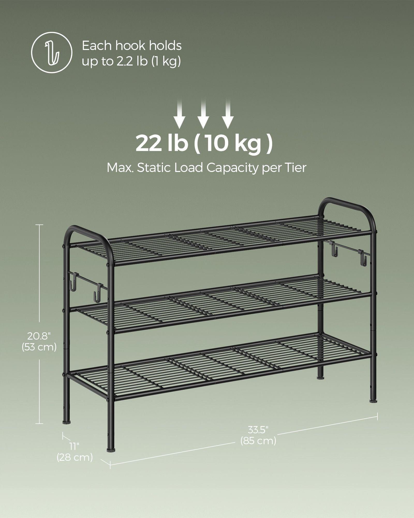 33.5" Wide 3-Tier Metal Shoe Rack with 4 Hooks Ink Black FredCo