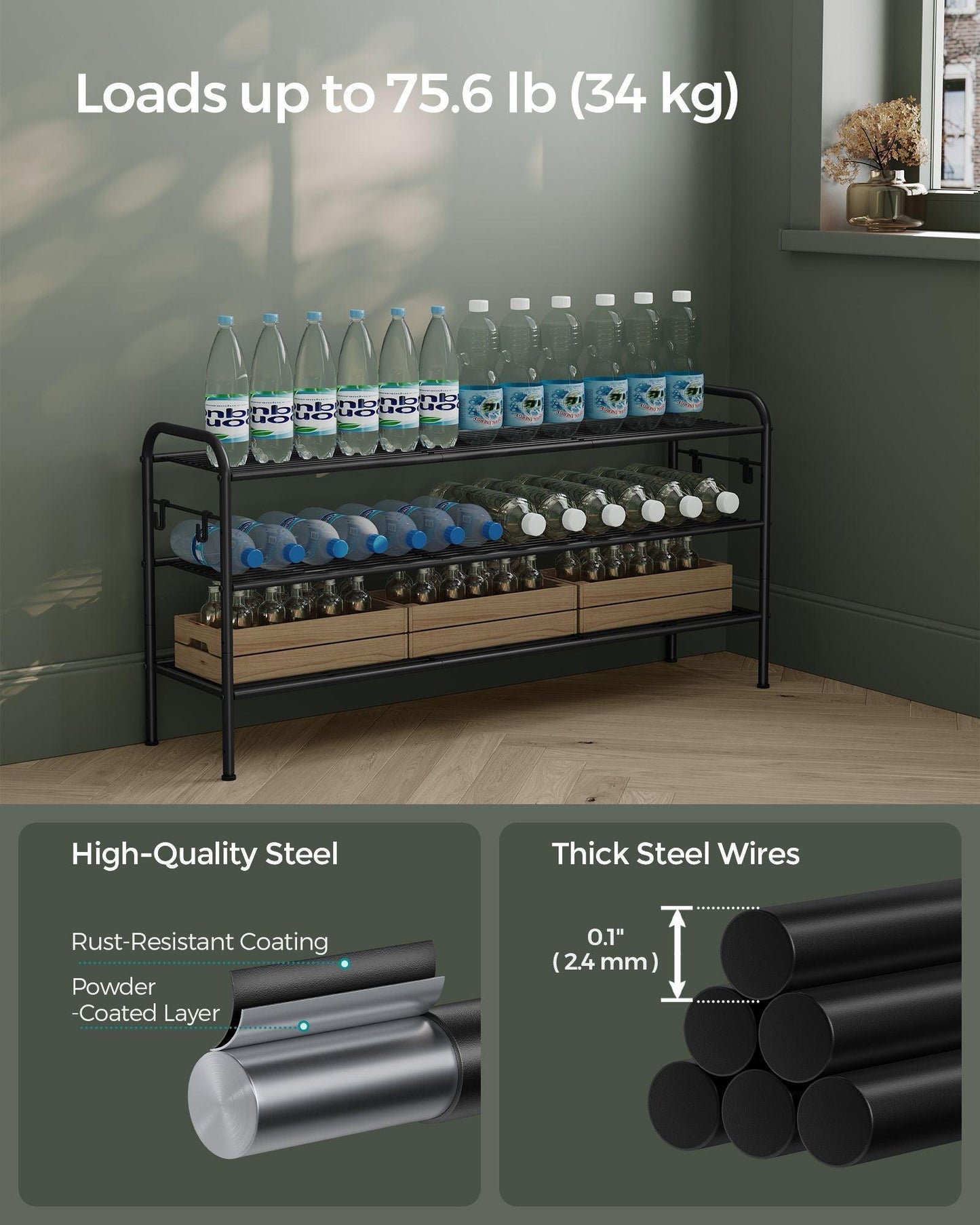 33.5" Wide 3-Tier Metal Shoe Rack with 4 Hooks Ink Black FredCo