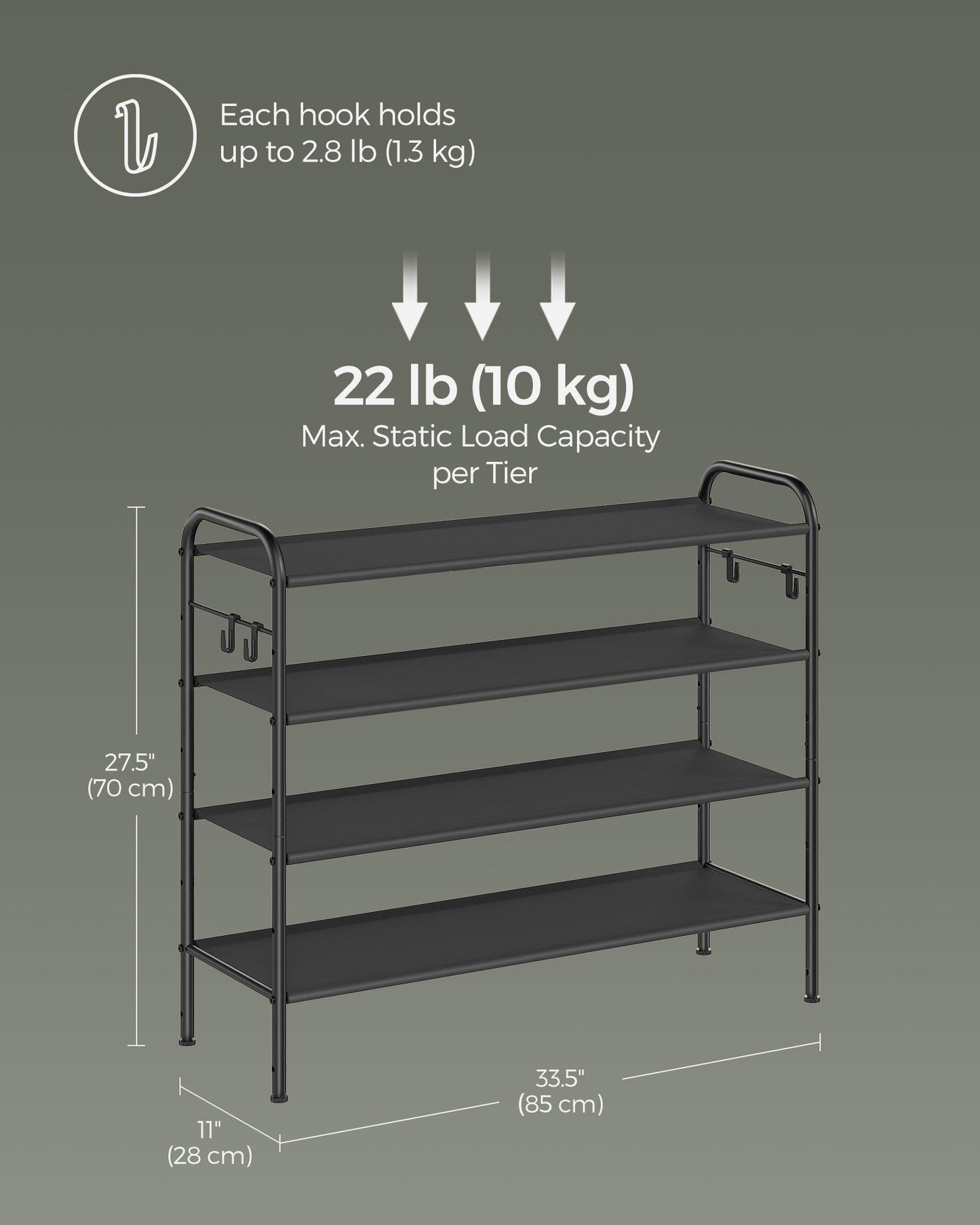 33.5" Wide 4-Tier Fabric Shoe Rack with 4 Hooks Ink Black FredCo