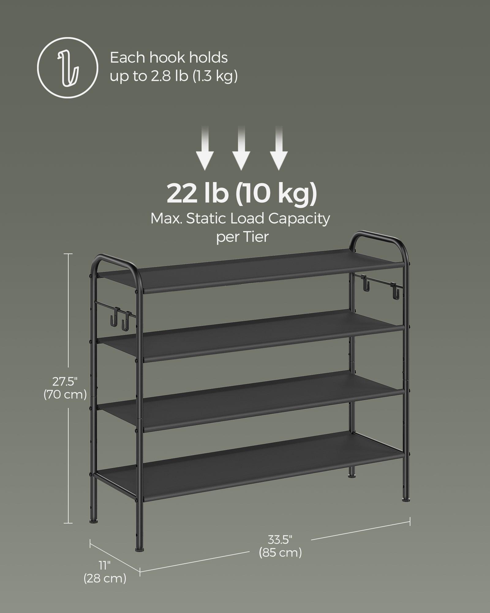 33.5" Wide 4-Tier Fabric Shoe Rack with 4 Hooks Ink Black FredCo
