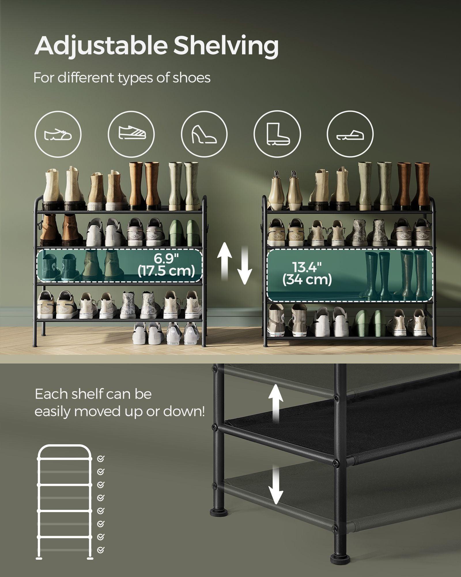 33.5" Wide 4-Tier Fabric Shoe Rack with 4 Hooks Ink Black FredCo