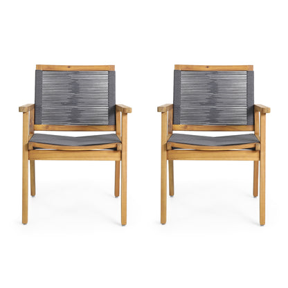 Outdoor Dining Chair Set of 2, Dark Grey Rope, Acacia Wood Frame