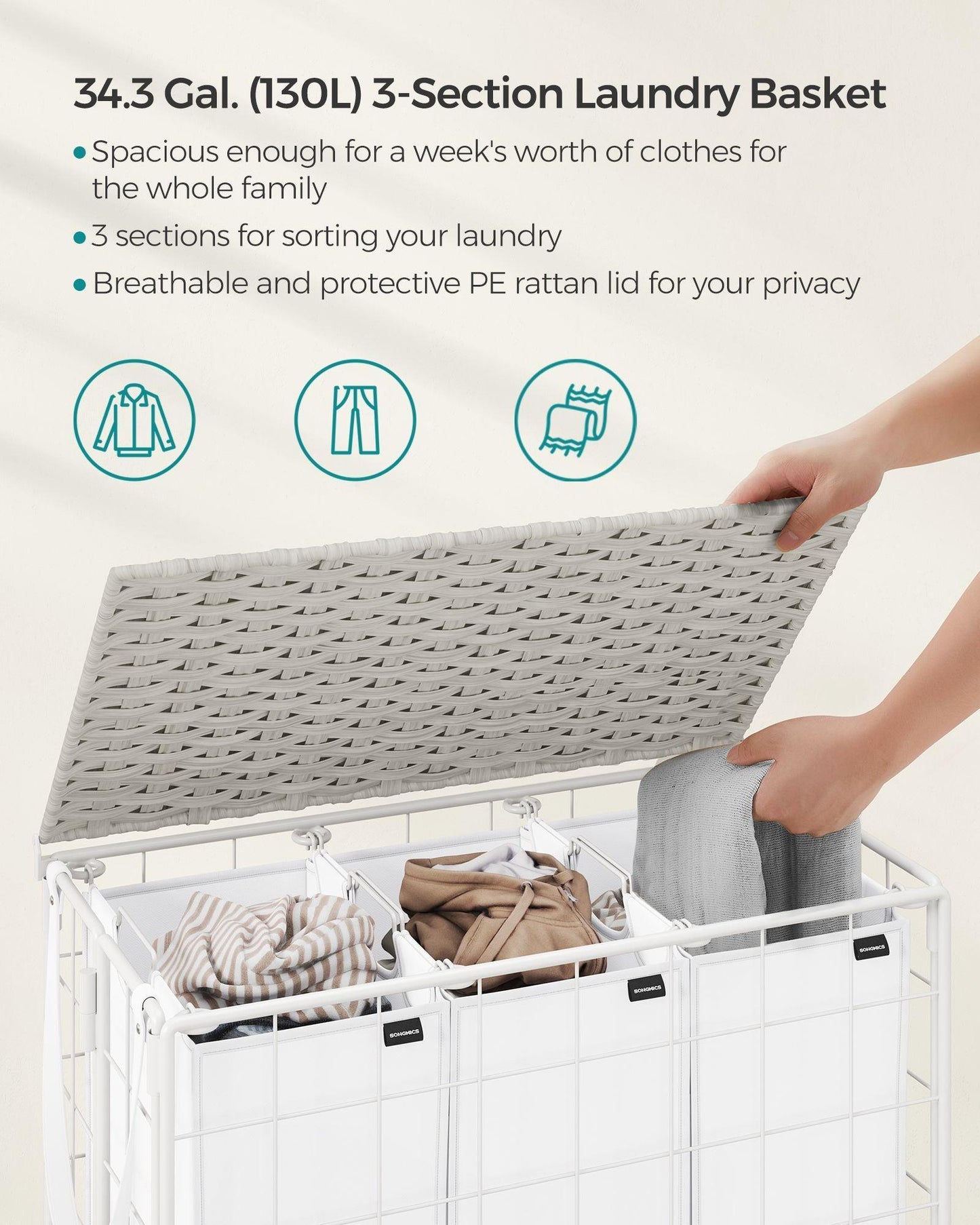 34.3-Gallon Laundry Hamper with Wheels Cloud White FredCo