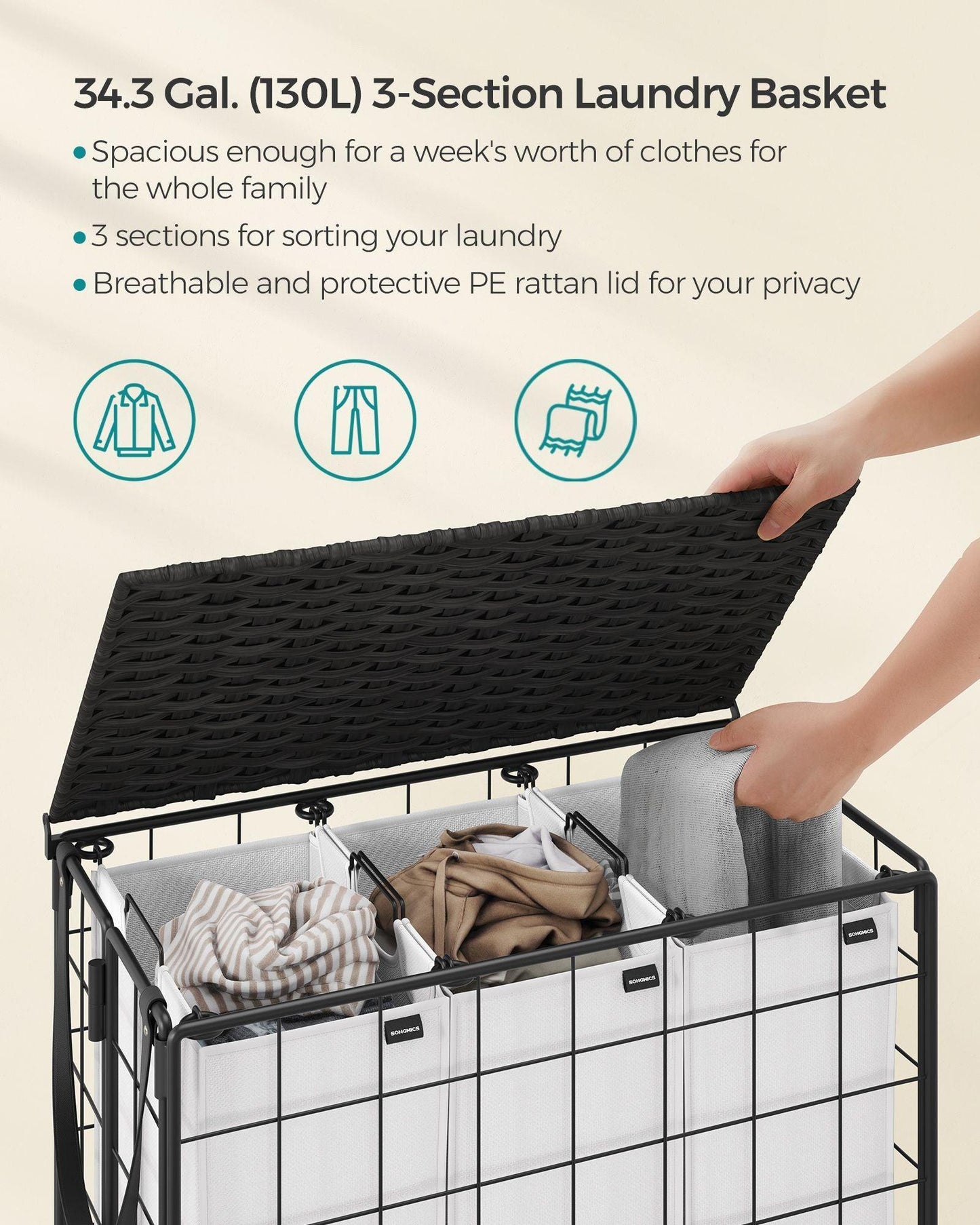 34.3-Gallon Laundry Hamper with Wheels Ink Black and Cloud White FredCo