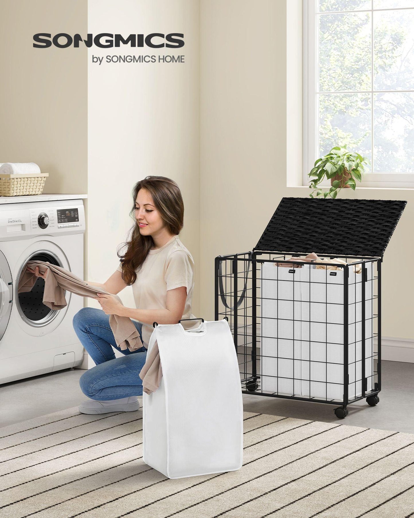 34.3-Gallon Laundry Hamper with Wheels Ink Black and Cloud White FredCo