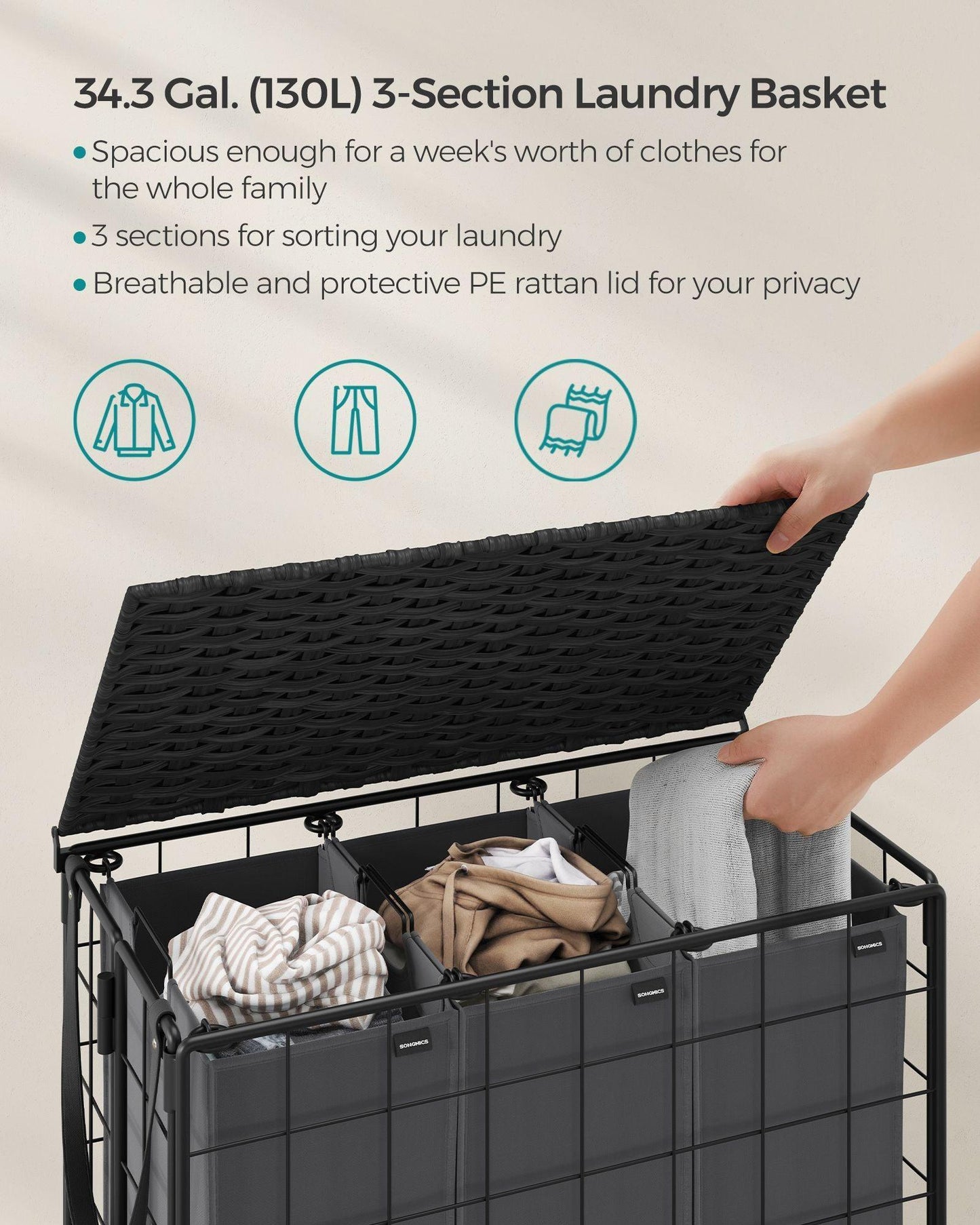 34.3-Gallon Laundry Hamper with Wheels Ink Black and Slate Gray FredCo