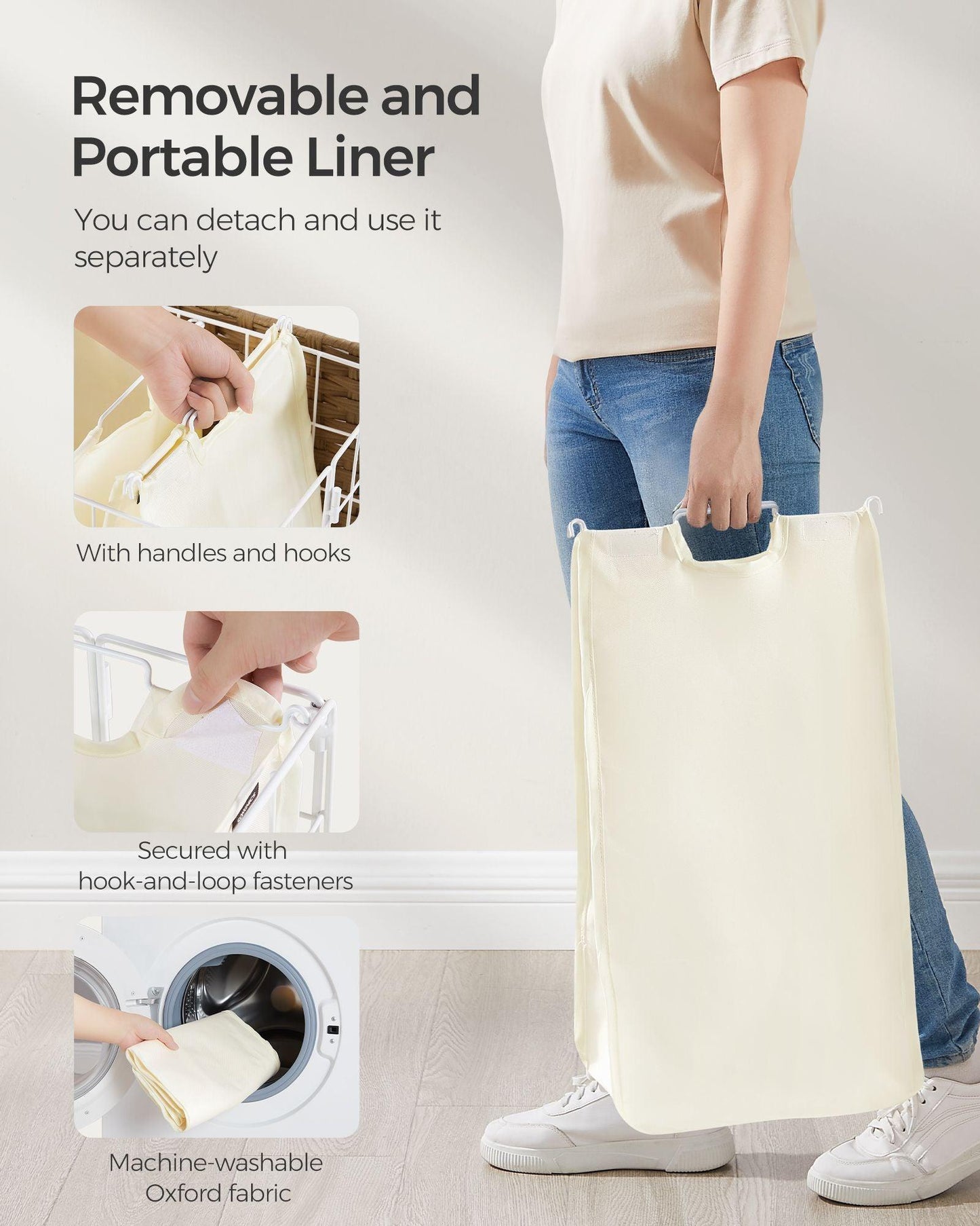 34.3-Gallon Laundry Hamper with Wheels Natural Beige and Cream White FredCo