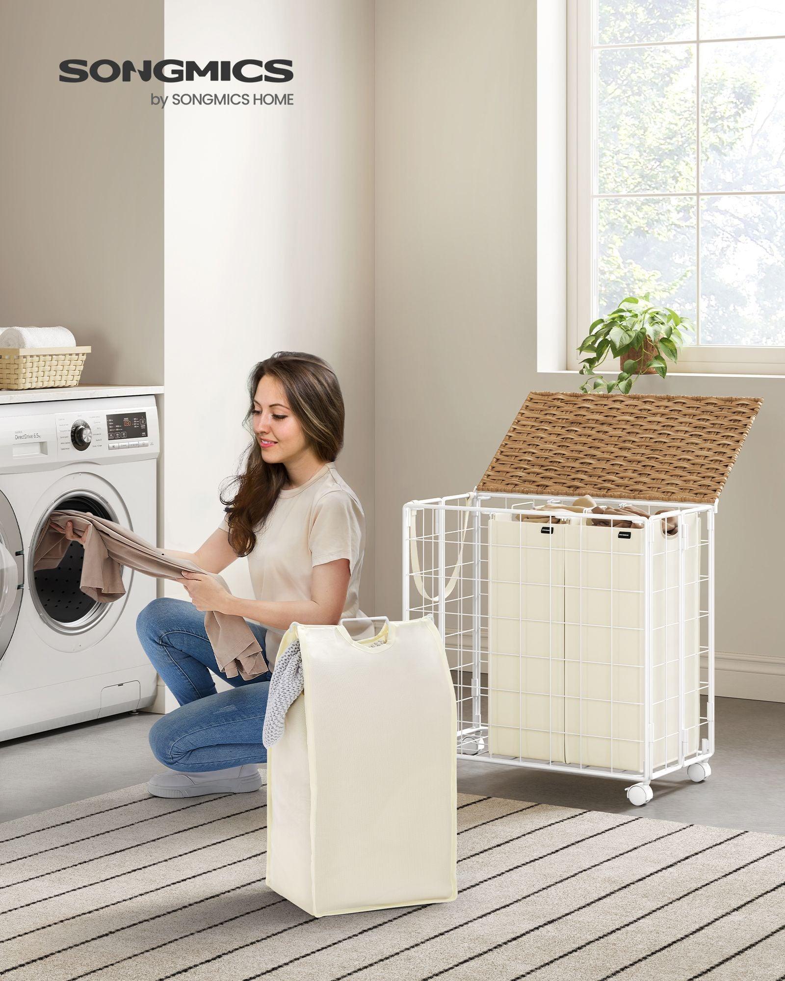 34.3-Gallon Laundry Hamper with Wheels Natural Beige and Cream White FredCo