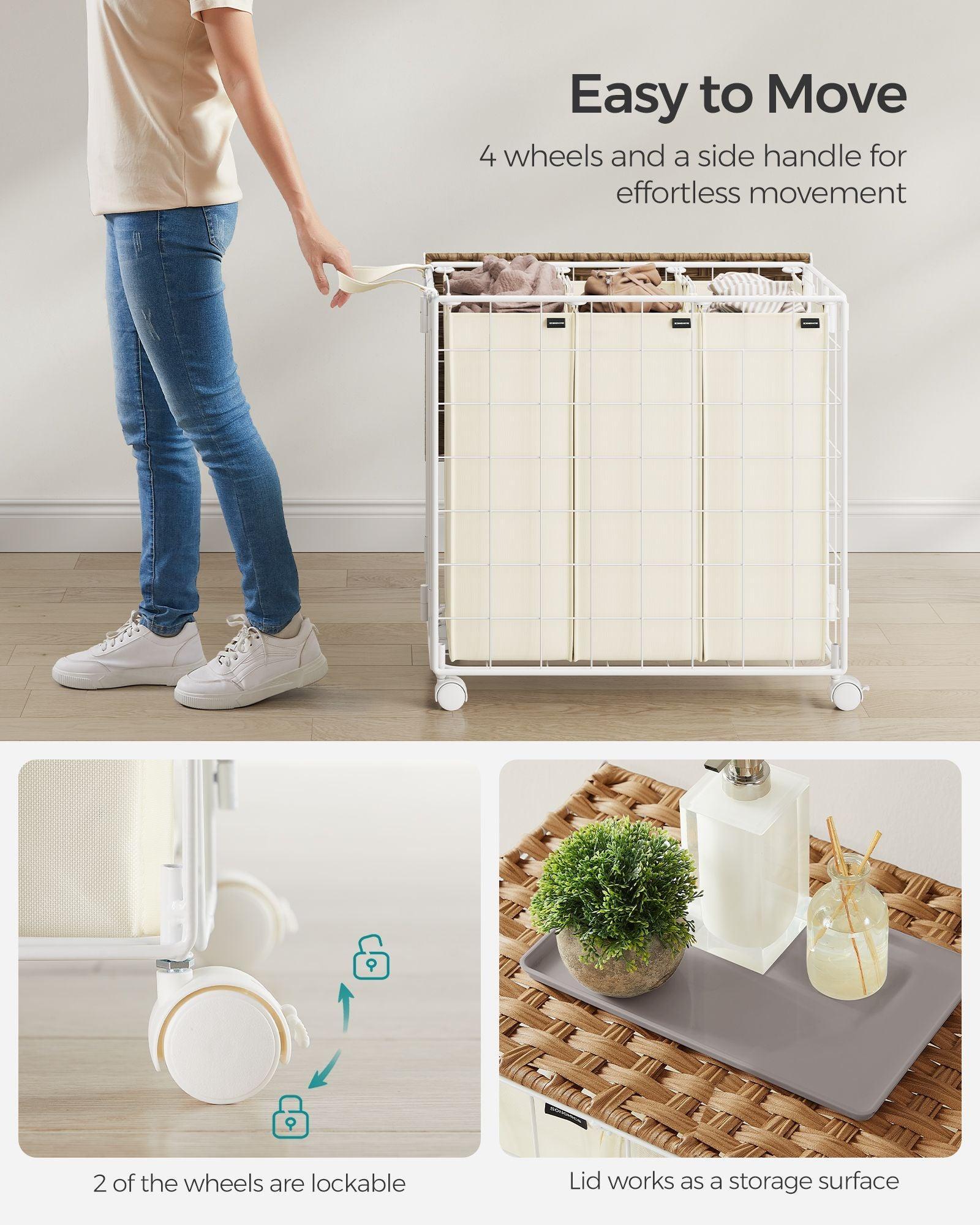 34.3-Gallon Laundry Hamper with Wheels Natural Beige and Cream White FredCo