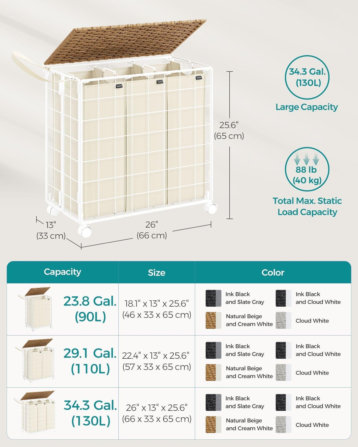 34.3-Gallon Laundry Hamper with Wheels Natural Beige and Cream White FredCo
