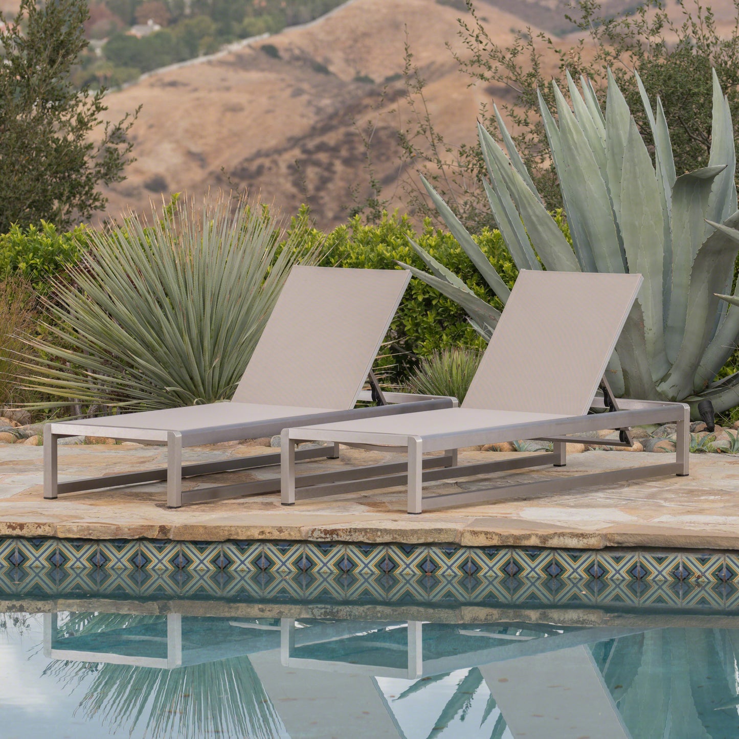 Outdoor Chaise Lounge Set of 2 with Adjustable Aluminum Frame and Textilene Mesh Seating in Grey FredCo