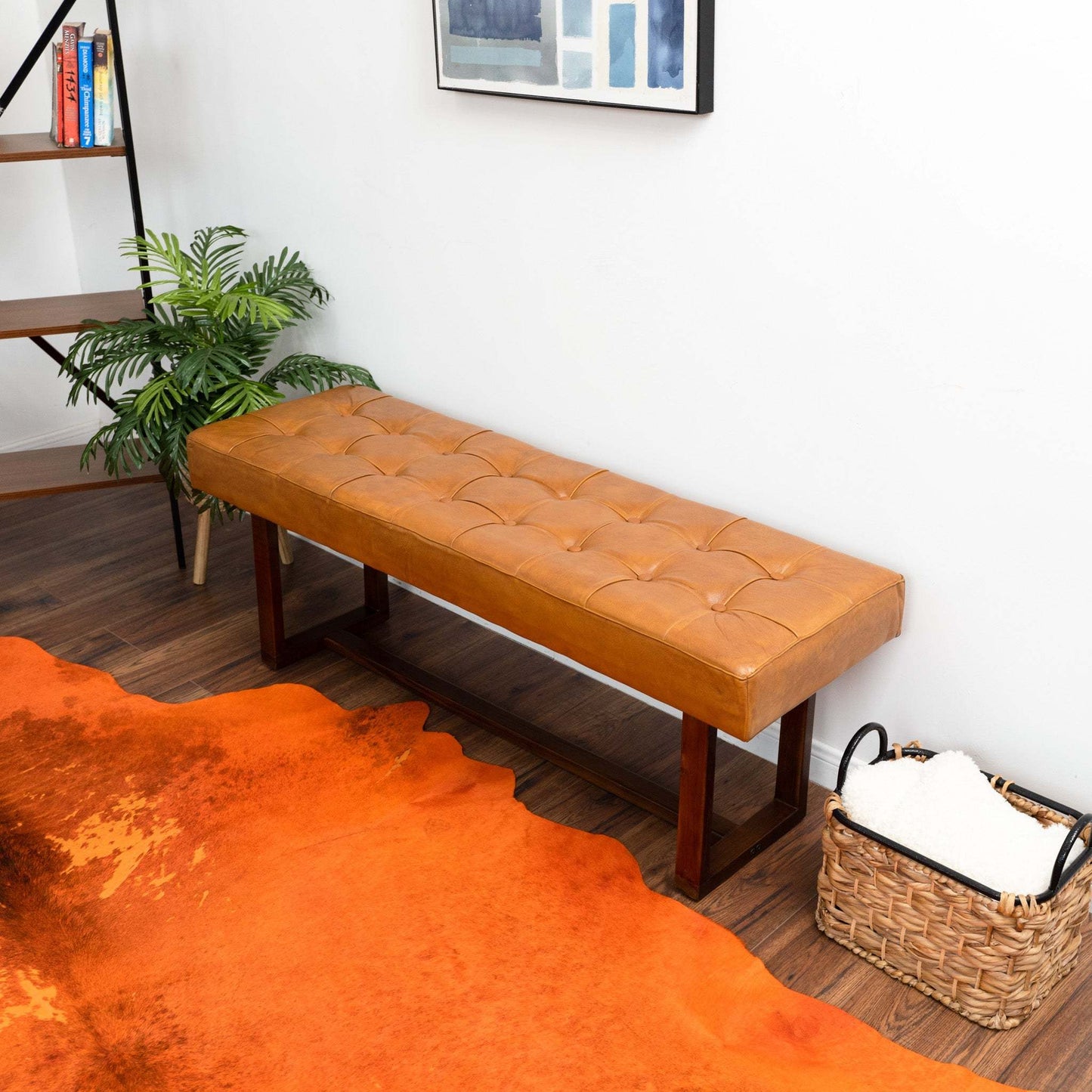 Cameron Mid-Century Modern Tan Leather Bench with Solid Wood Frame 17.5''H x 51''W x 16''D for Living Room Bedroom Waiting Room FredCo