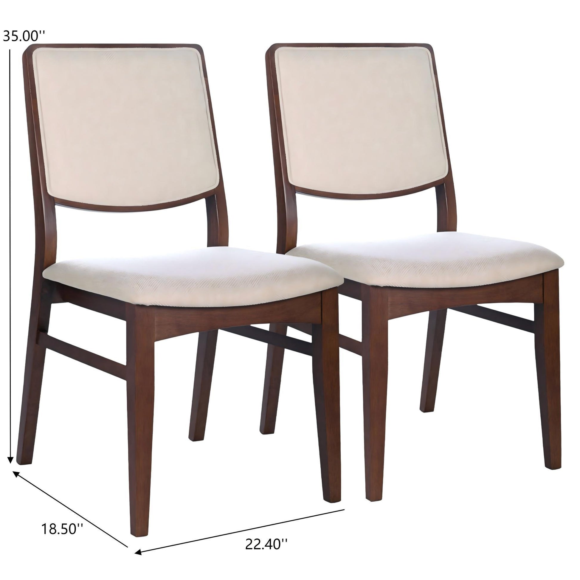 Set of two upholstered dining chairs with wooden frames, neutral fabric, and measurements shown.