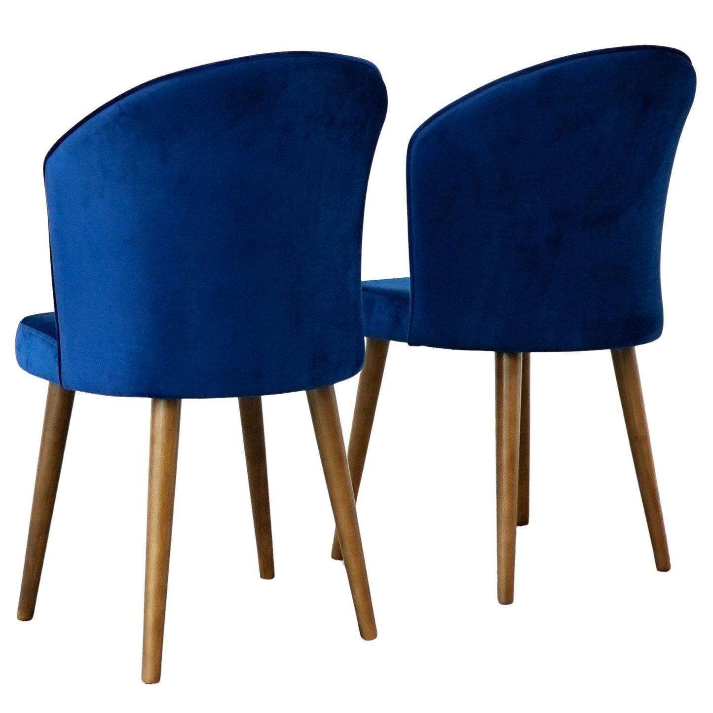 Pair of modern blue velvet dining chairs with wooden legs from FredCo International