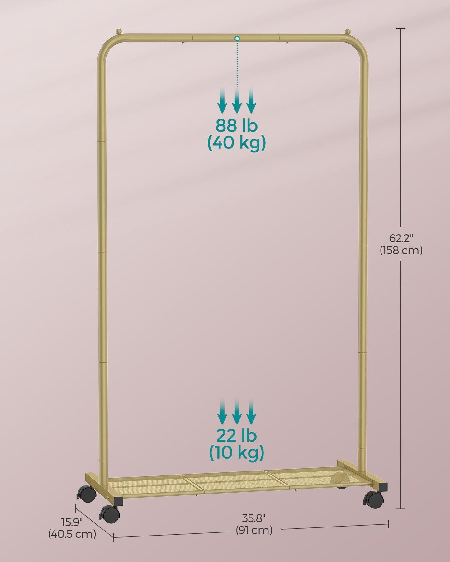 35.8" Wide Clothes Rack on Wheels Champagne Gold FredCo