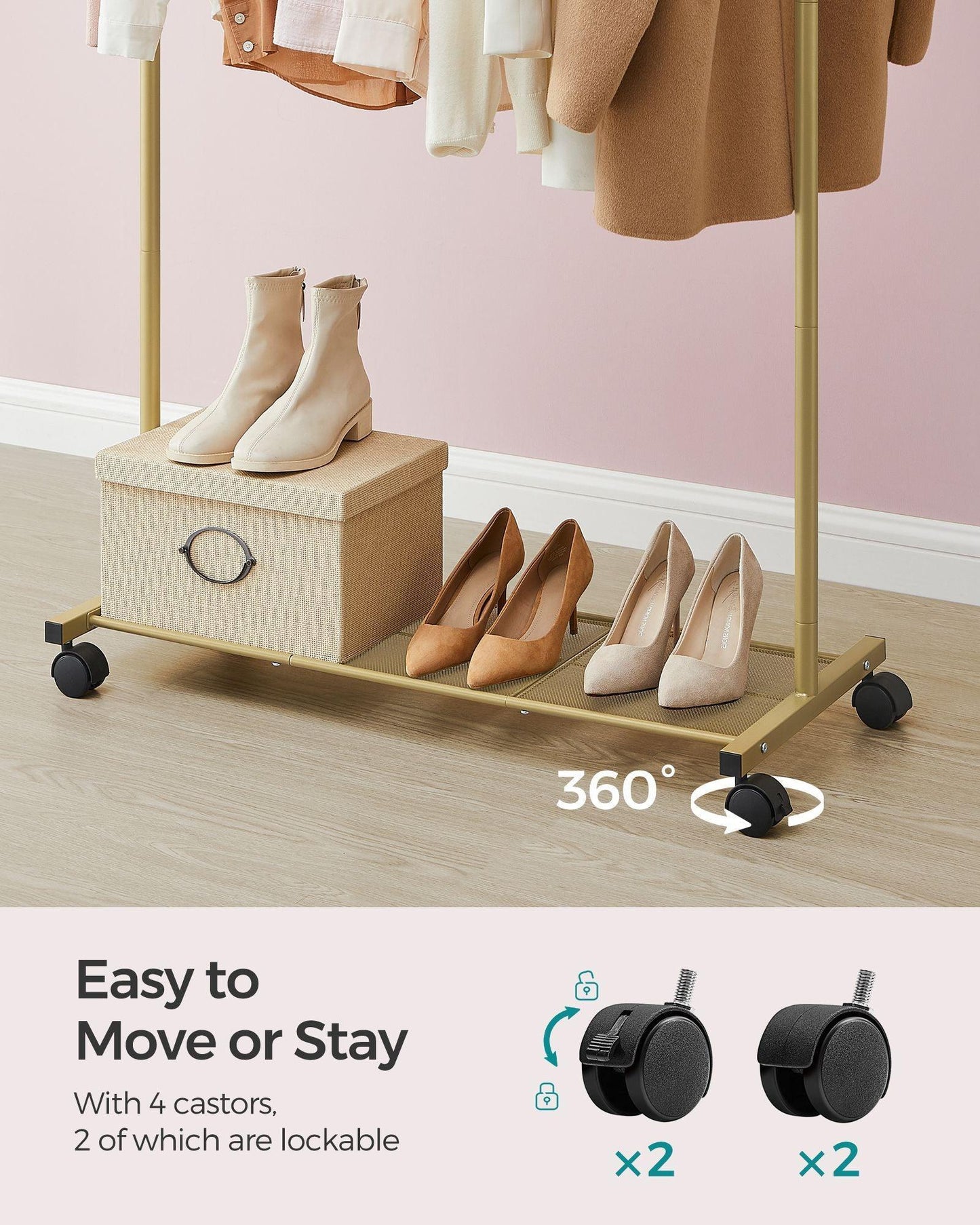 35.8" Wide Clothes Rack on Wheels Champagne Gold FredCo