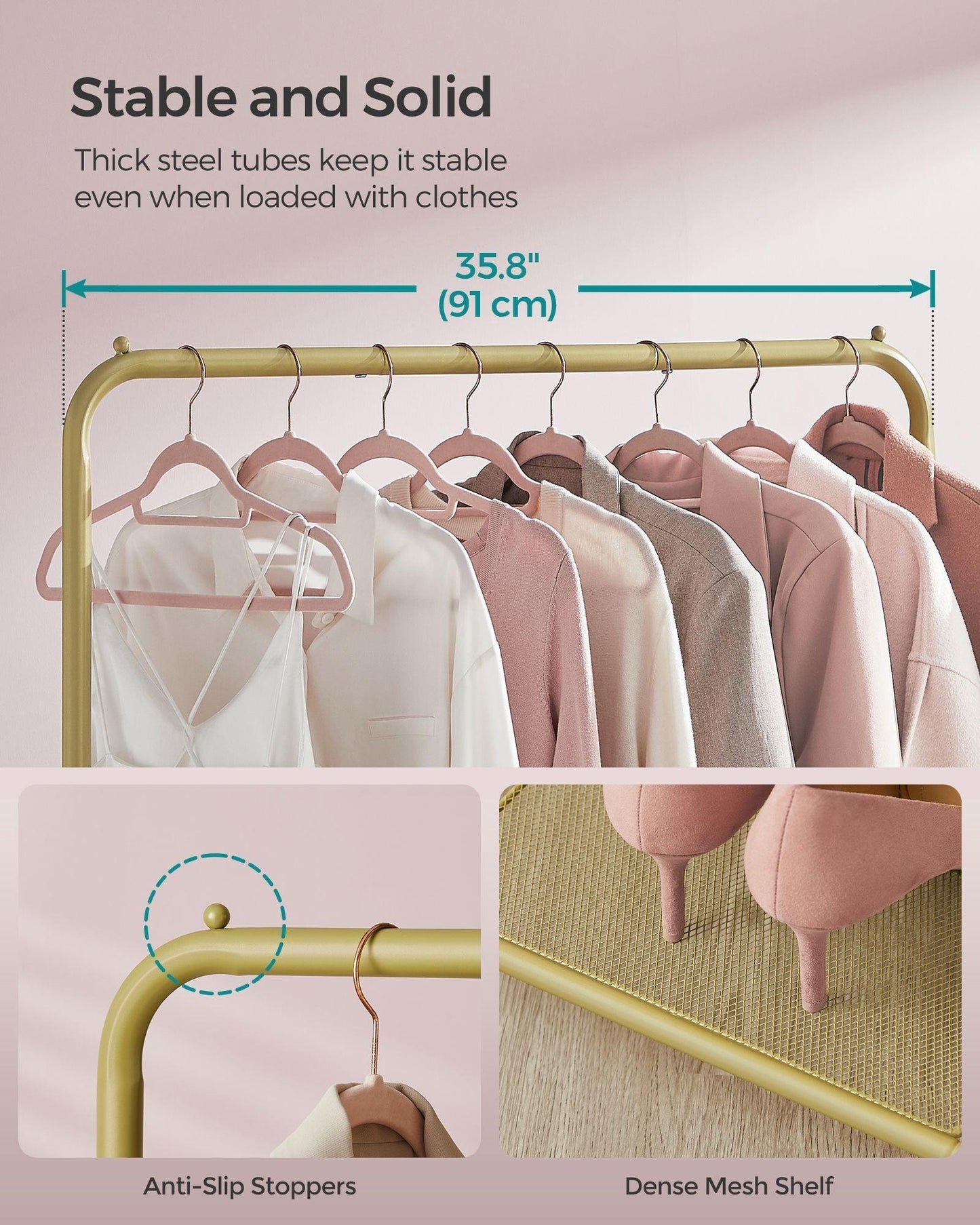 35.8" Wide Clothes Rack on Wheels Champagne Gold FredCo