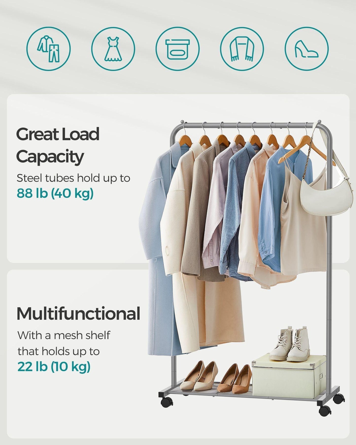 35.8" Wide Clothes Rack on Wheels Slate Gray FredCo