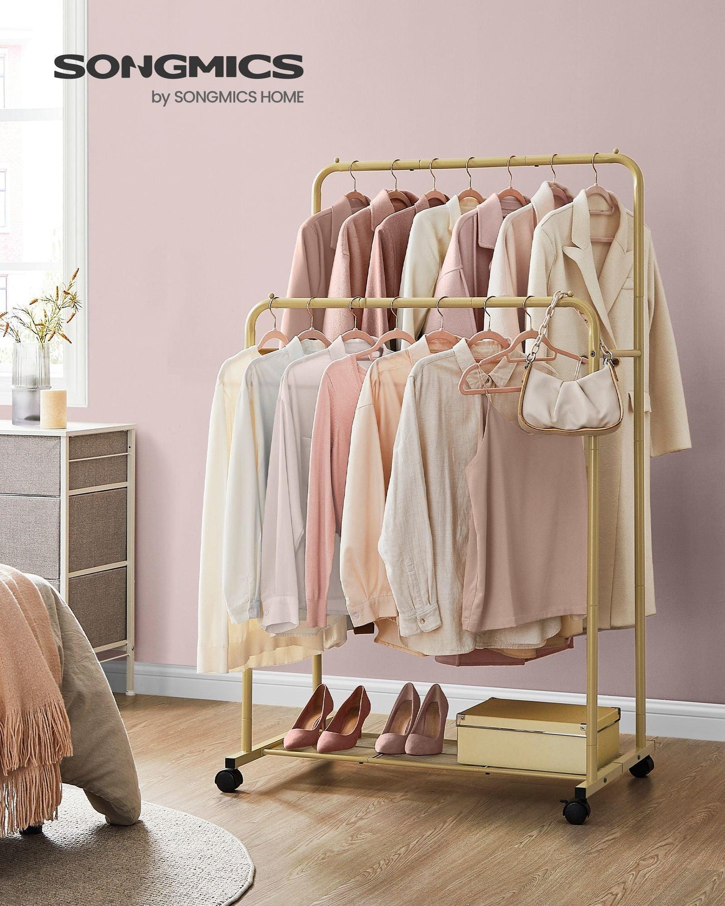 35.8" Wide Double-Rod Garment Rack on Wheels Champagne Gold FredCo