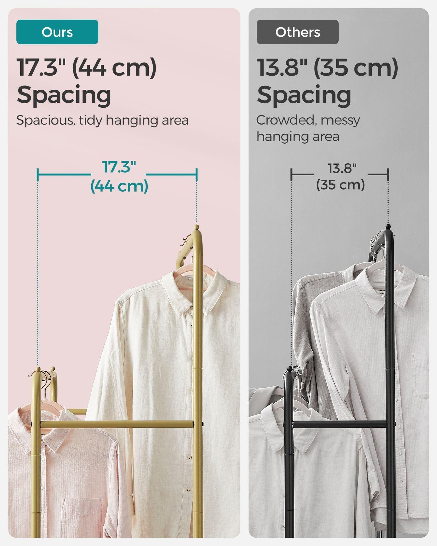 35.8" Wide Double-Rod Garment Rack on Wheels Champagne Gold FredCo