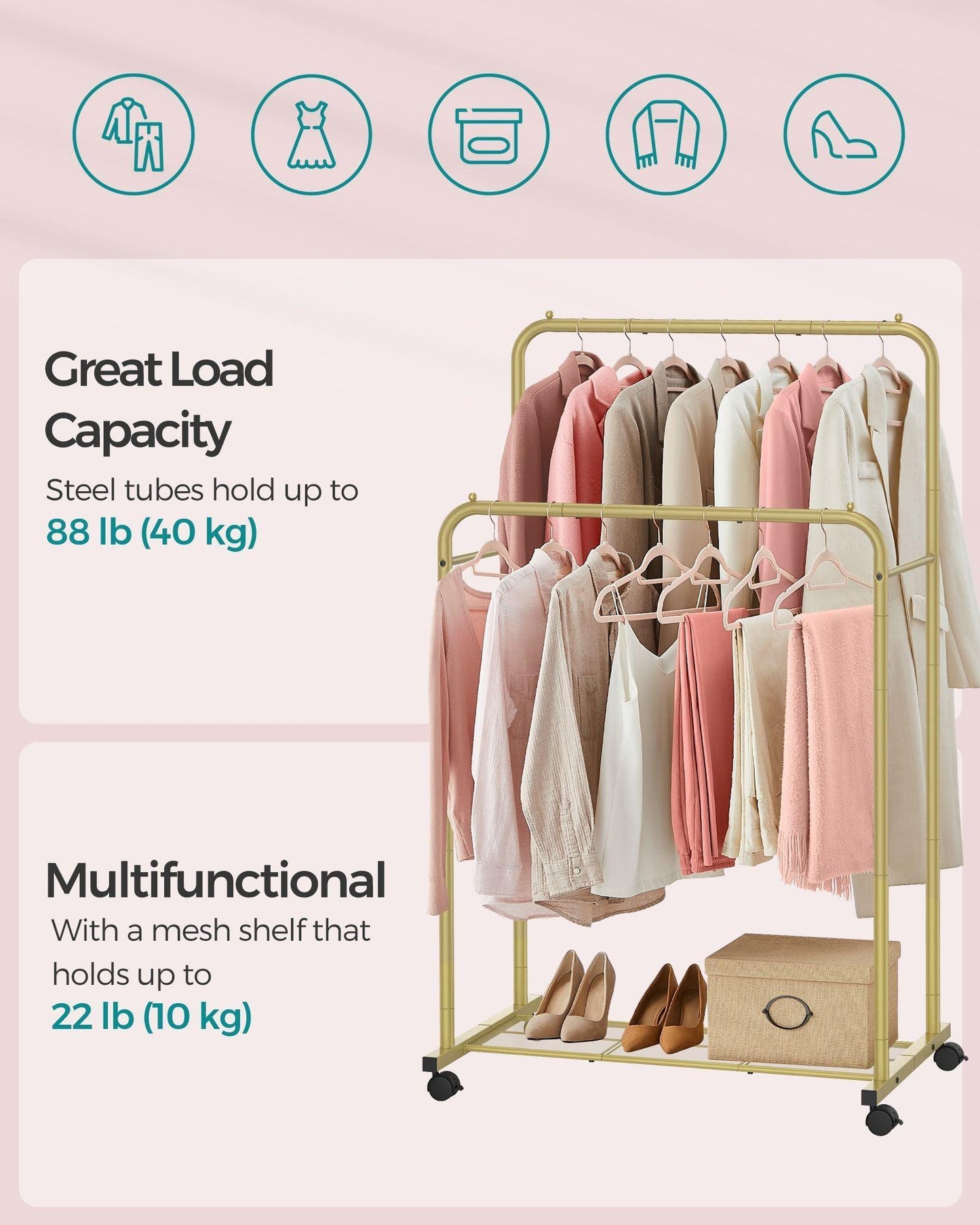 35.8" Wide Double-Rod Garment Rack on Wheels Champagne Gold FredCo