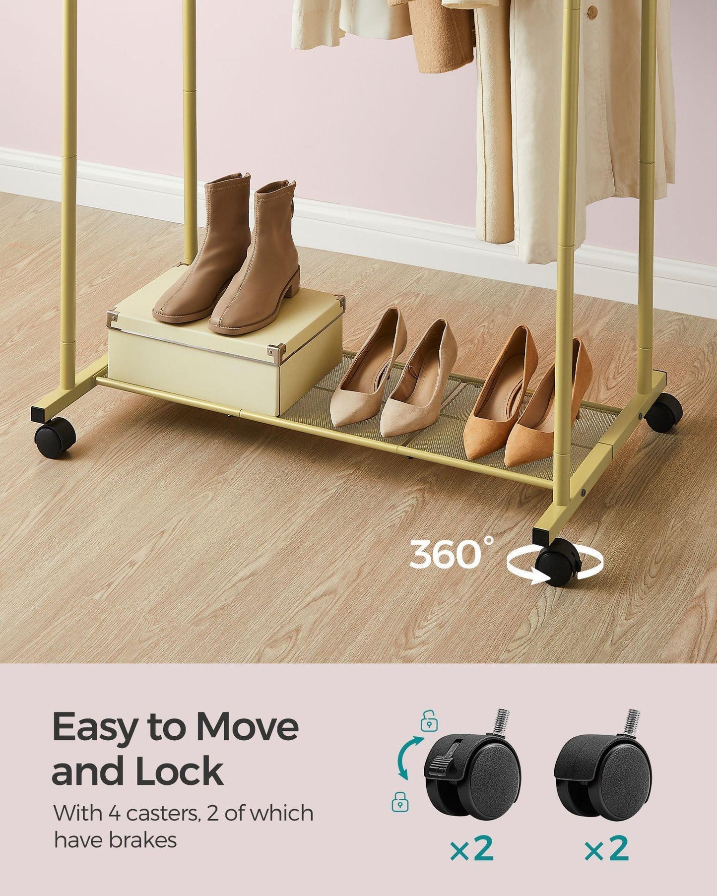 35.8" Wide Double-Rod Garment Rack on Wheels Champagne Gold FredCo